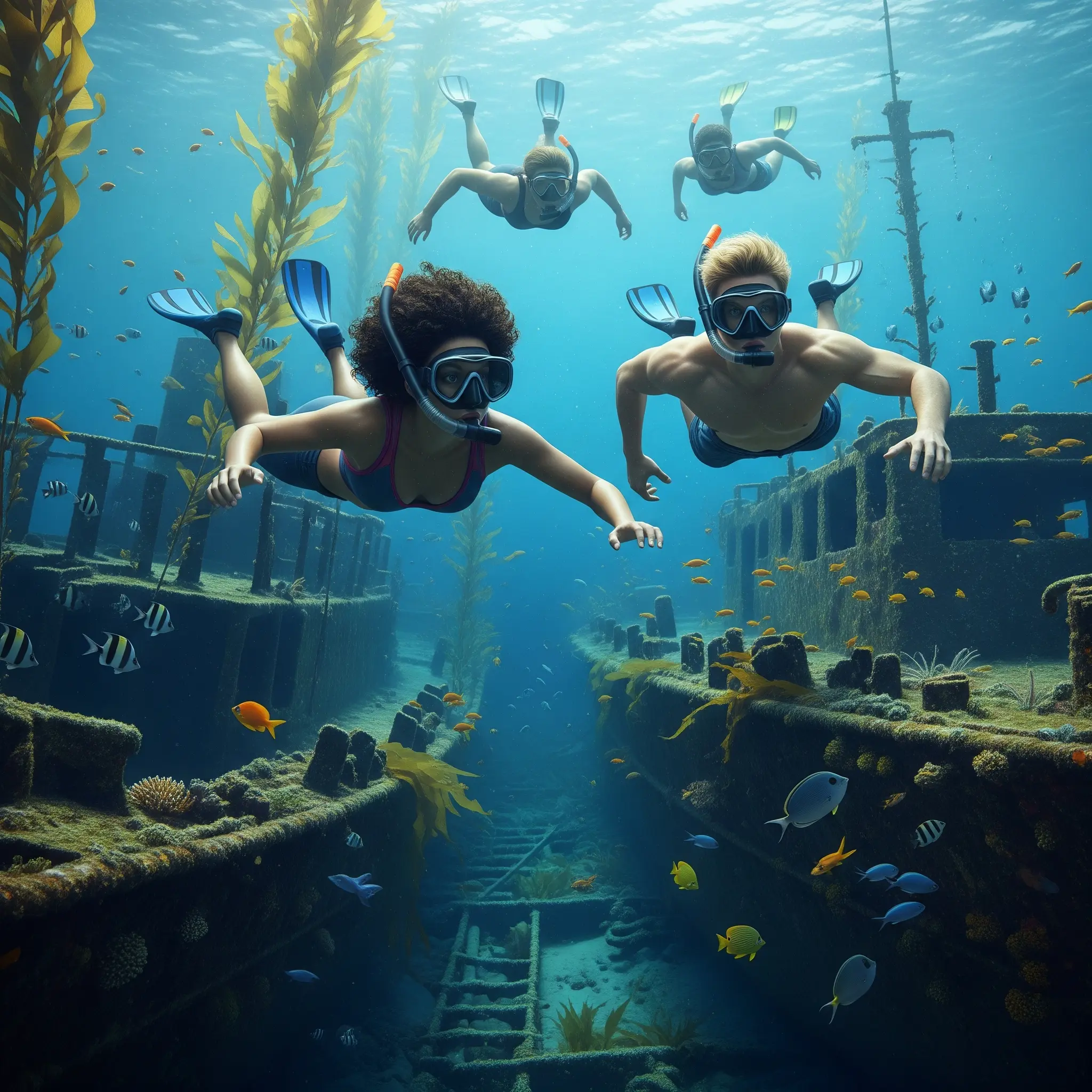 People snorkeling over sunken ships with curiosity and excitement