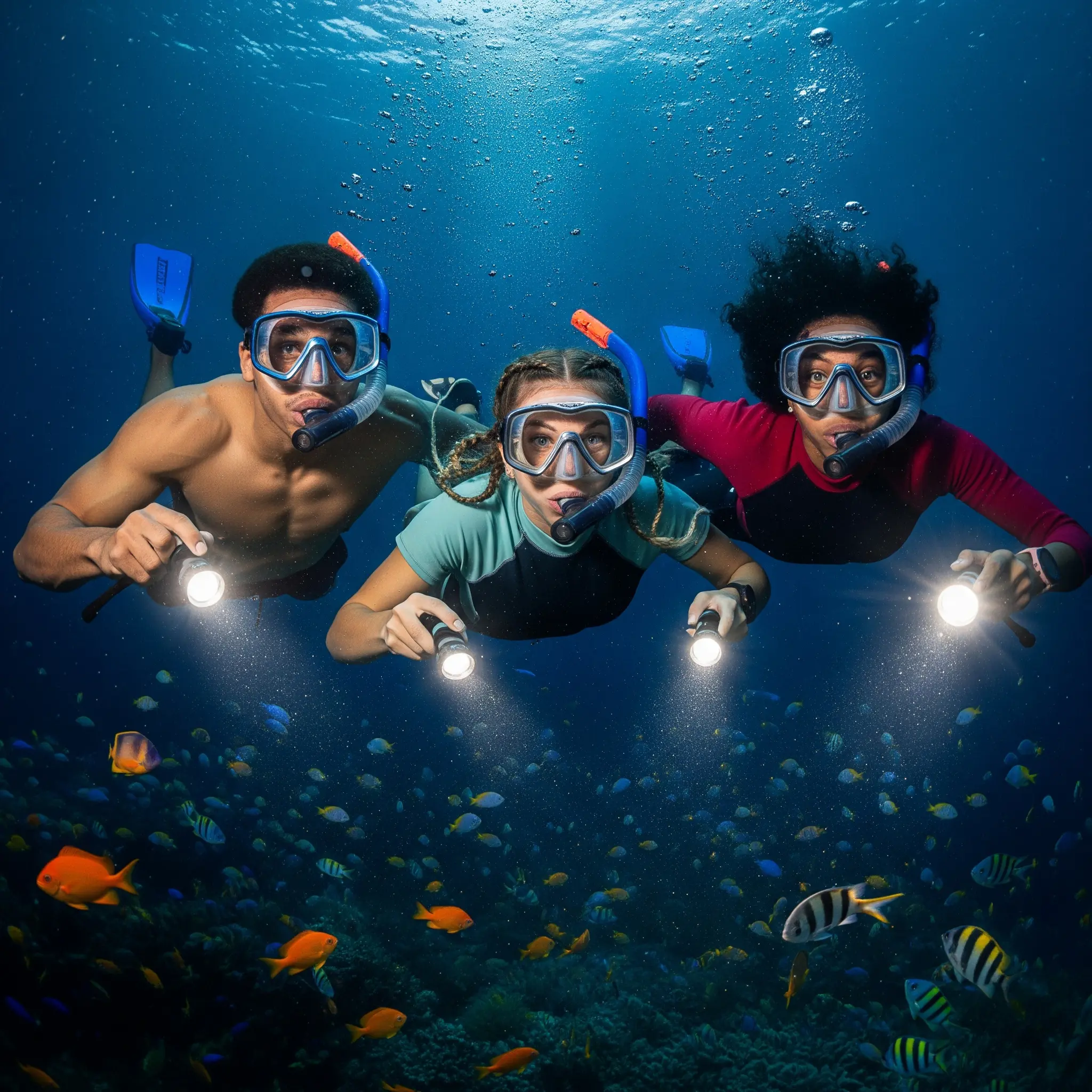 People night snorkeling with awe and concentration,