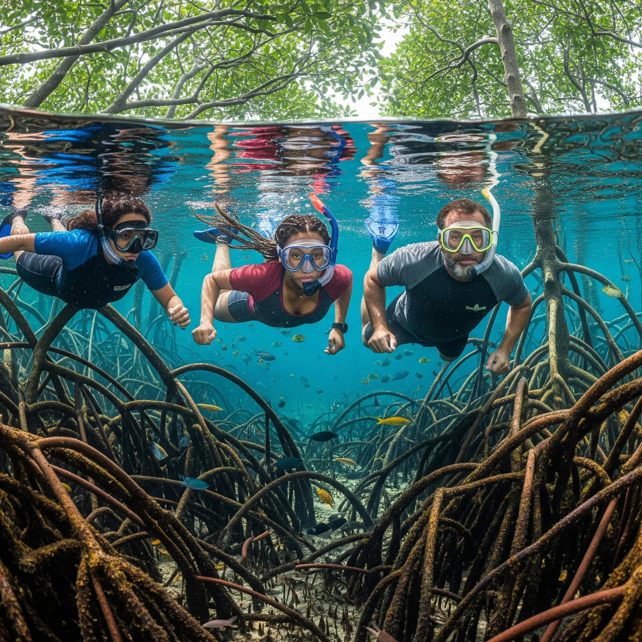 People snorkeling in mangroves with curiosity and relaxation