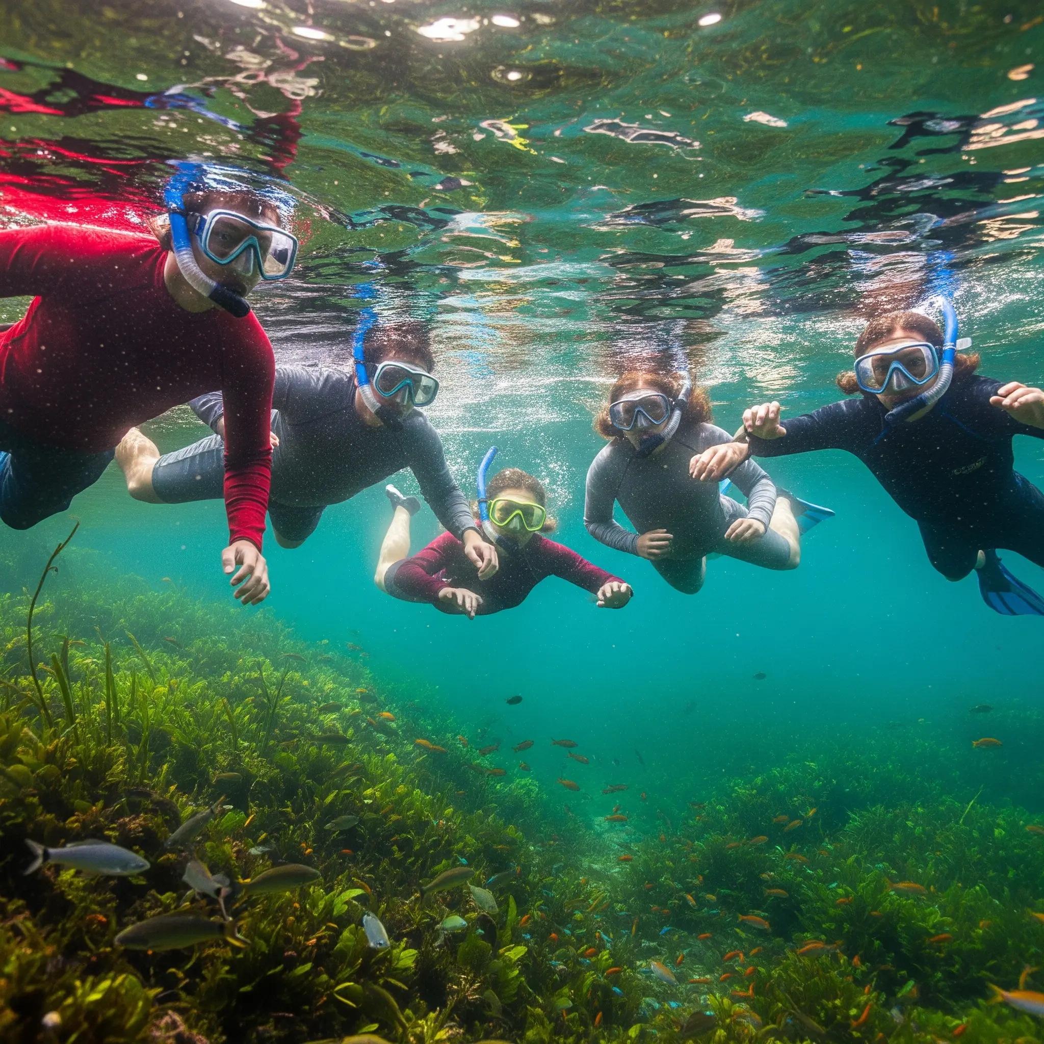 People snorkeling in a river with wonder and concentration