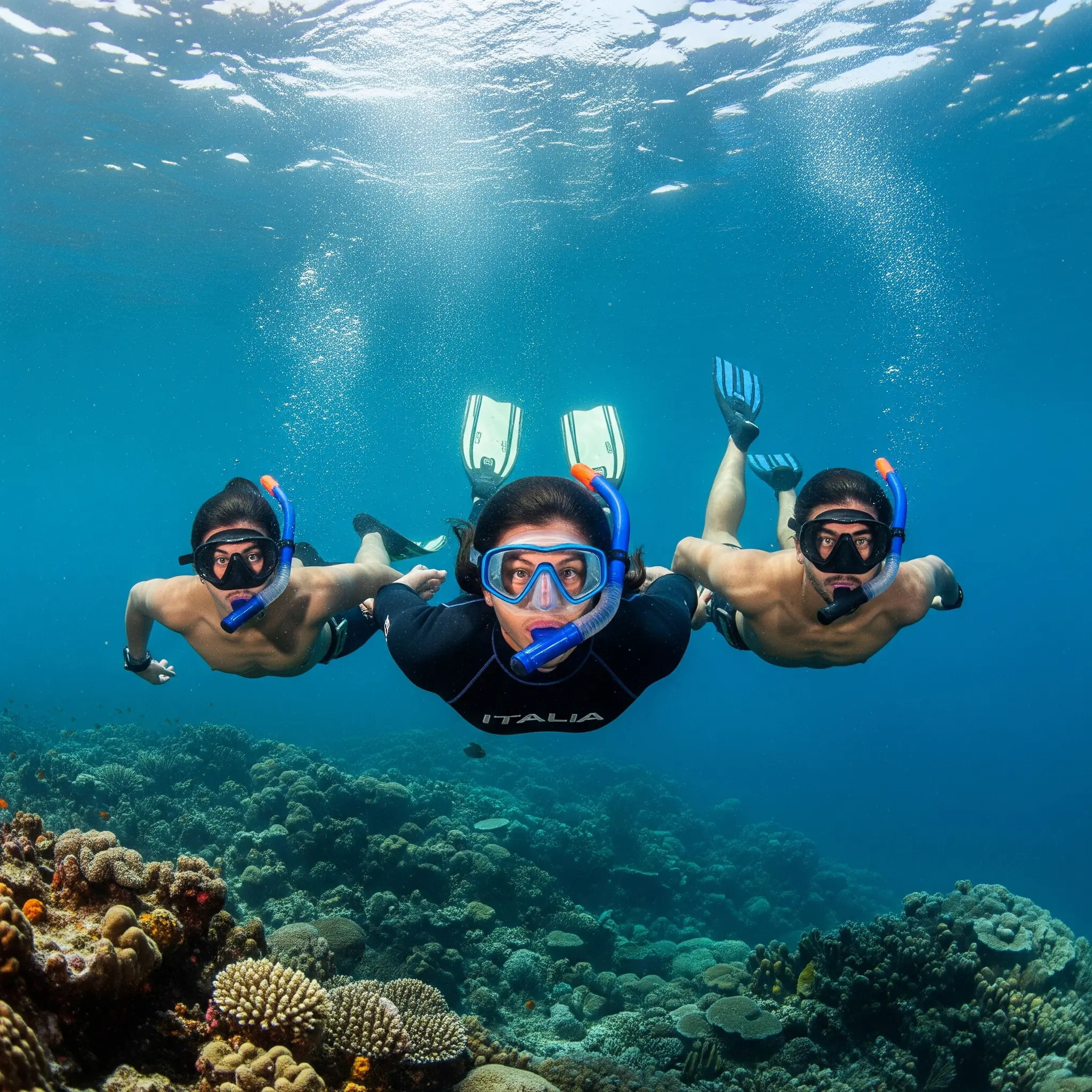People freediving while snorkeling with focus and determination
