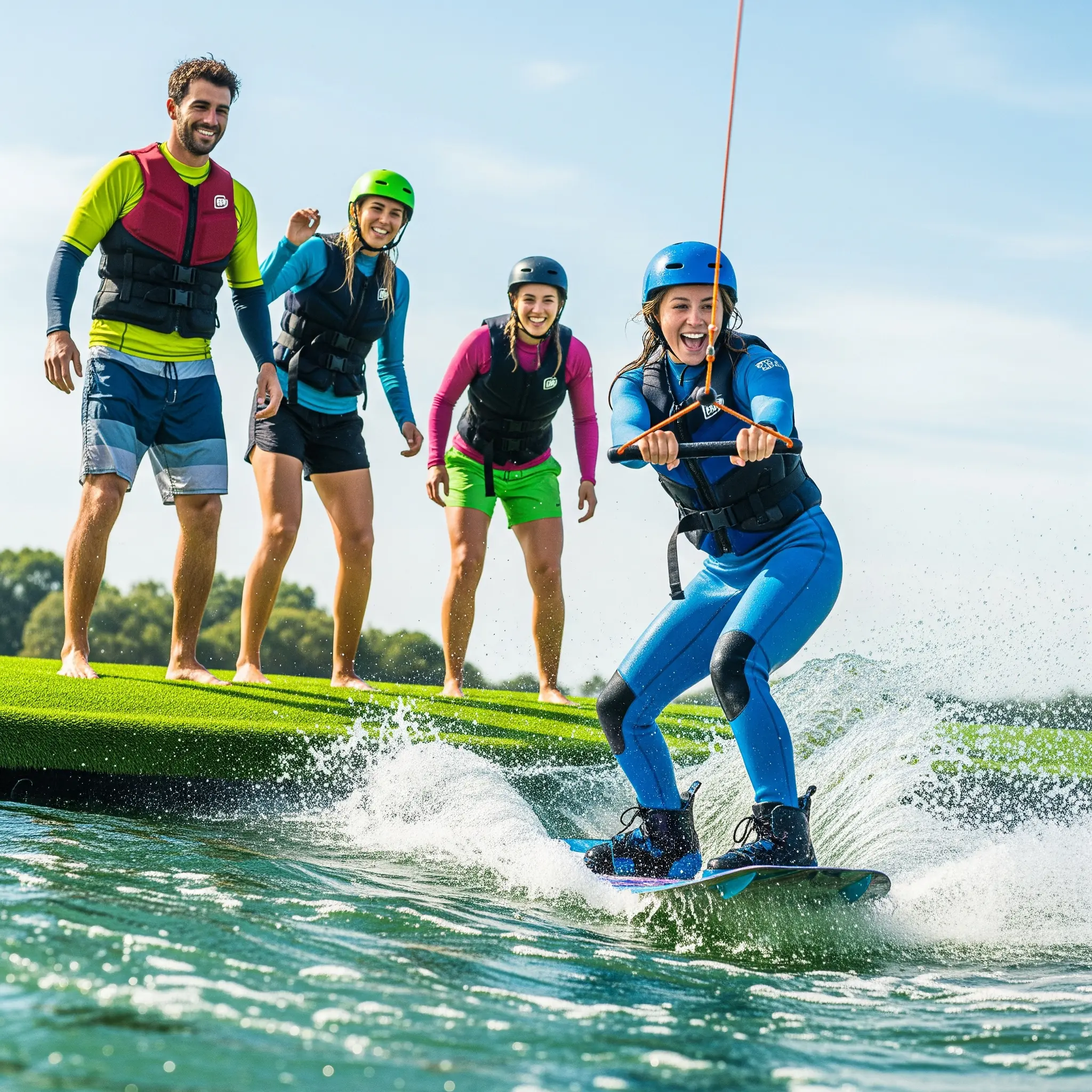 Gruppe, die mit Freude und Konzentration Wakeboarden genießt