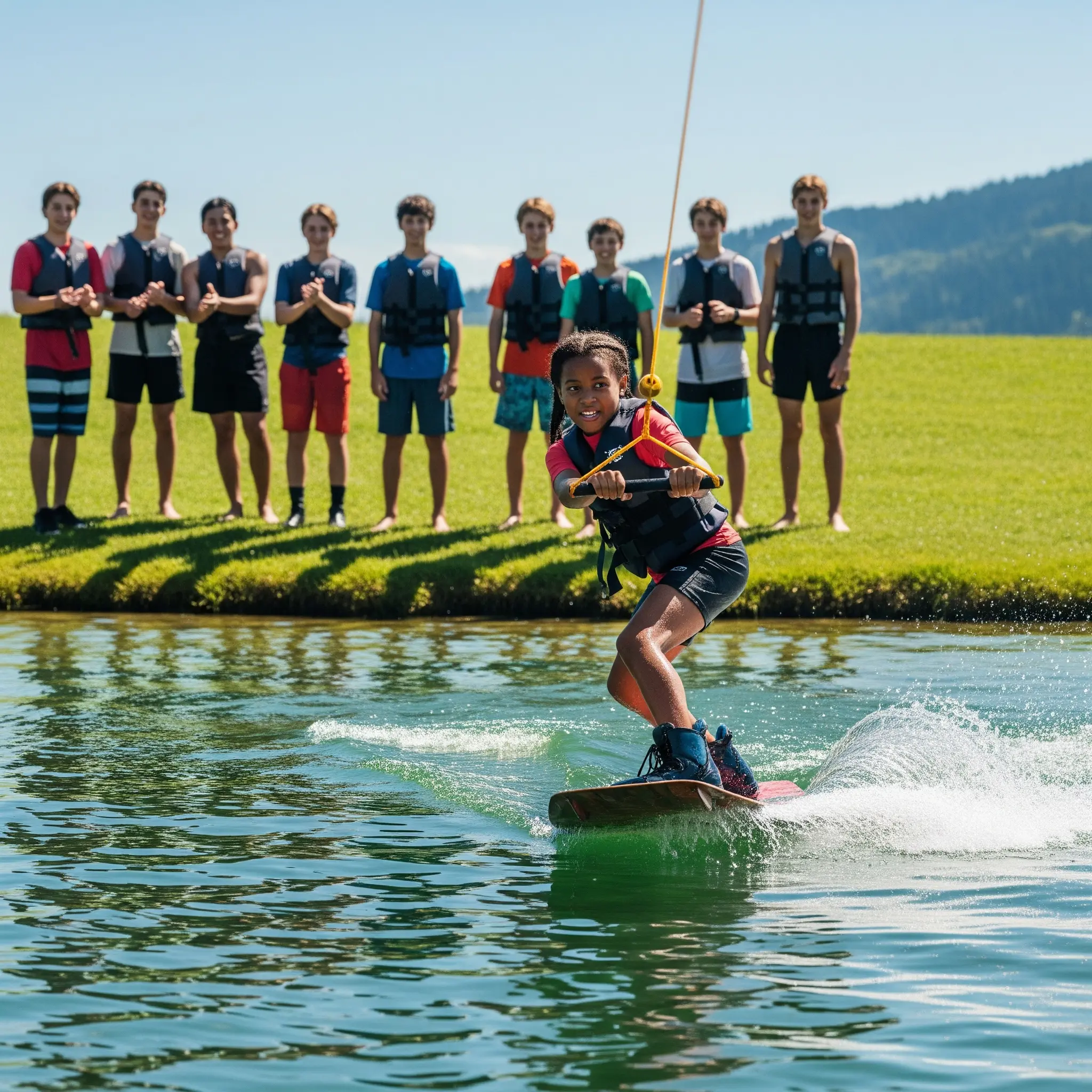 Children enjoying wakeboarding with joy and concentration