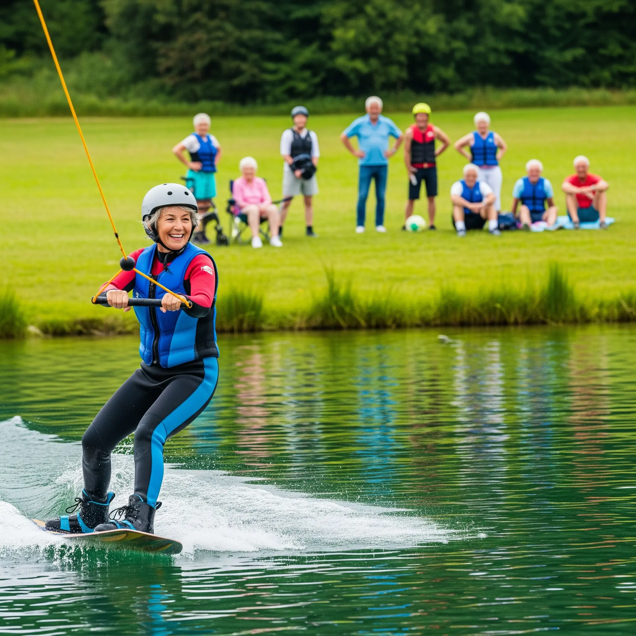 Seniors enjoying wakeboarding with joy and concentration