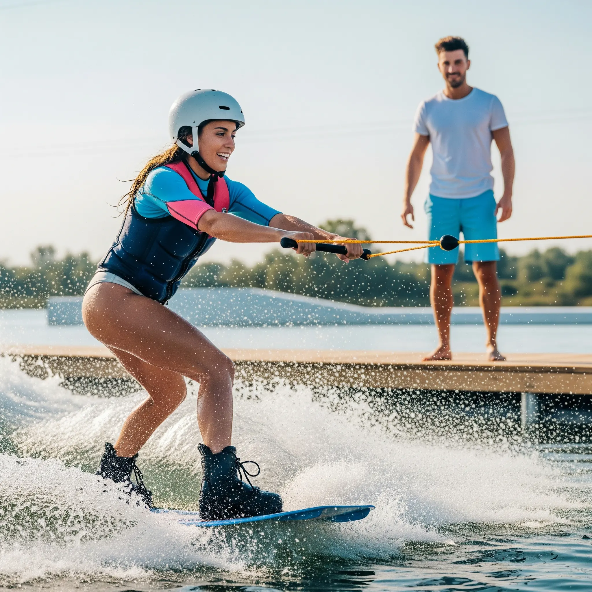 Couples enjoying wakeboarding with joy and concentration