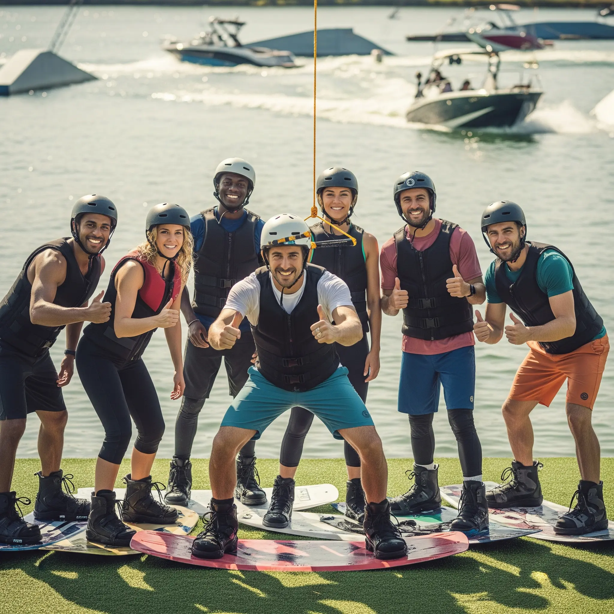 Unternehmensteam genießt Wakeboarden mit Teamwork und Konzentration