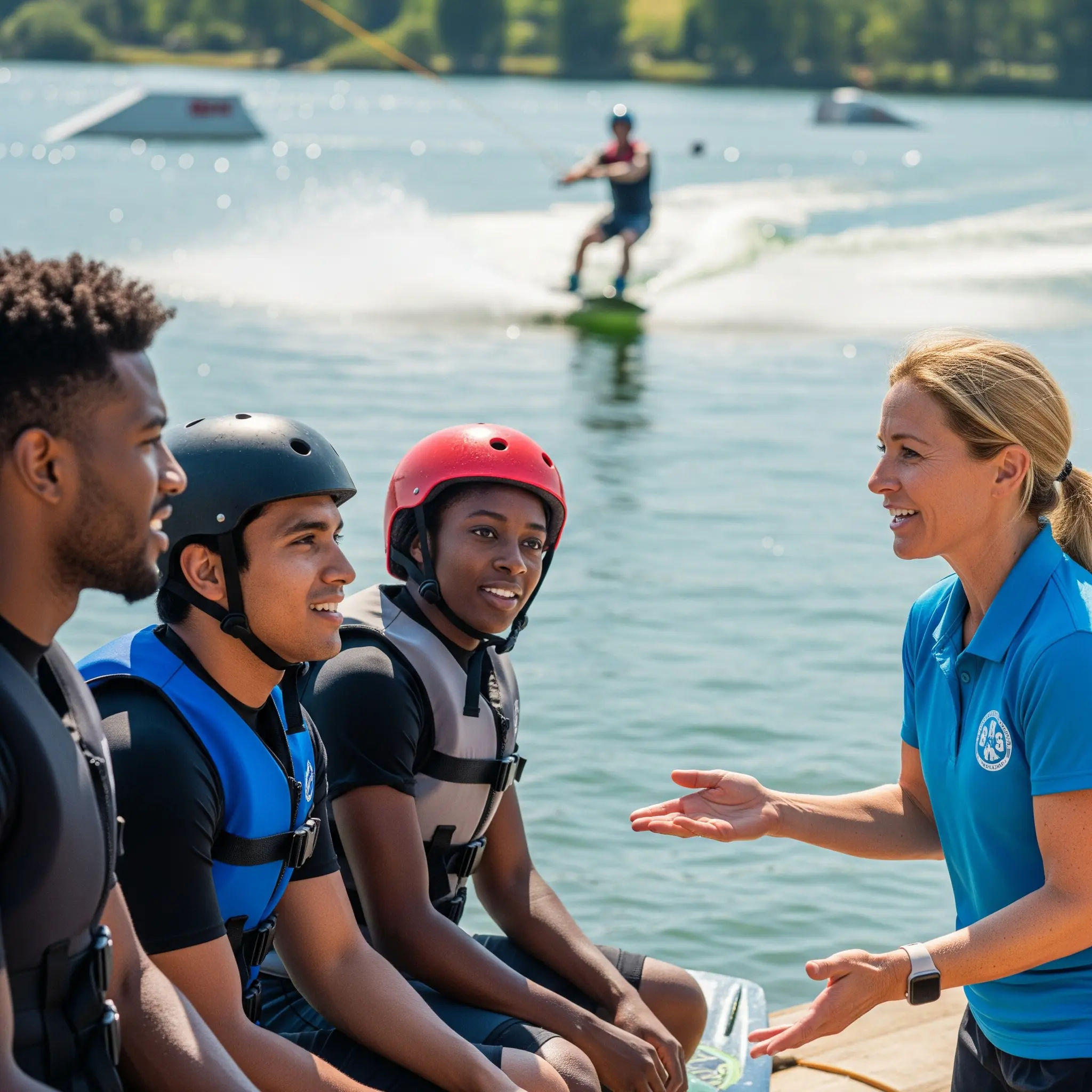 Advanced wakeboarders in a course, focused and excited