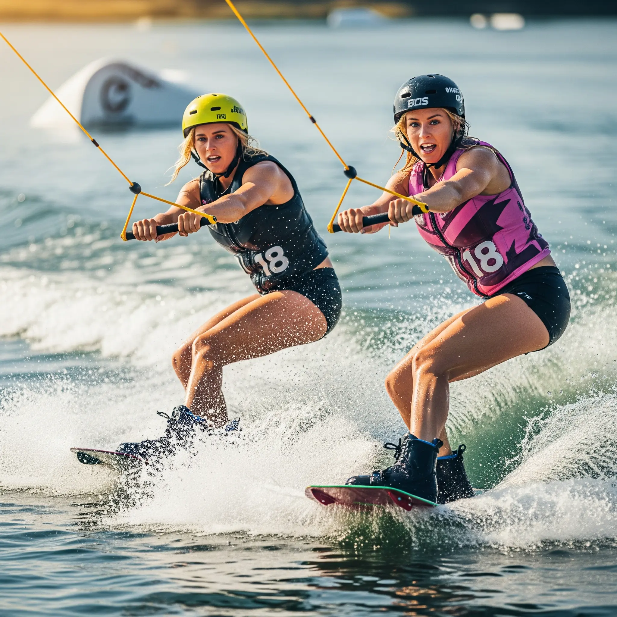 People competing in wakeboarding with focus and excitement