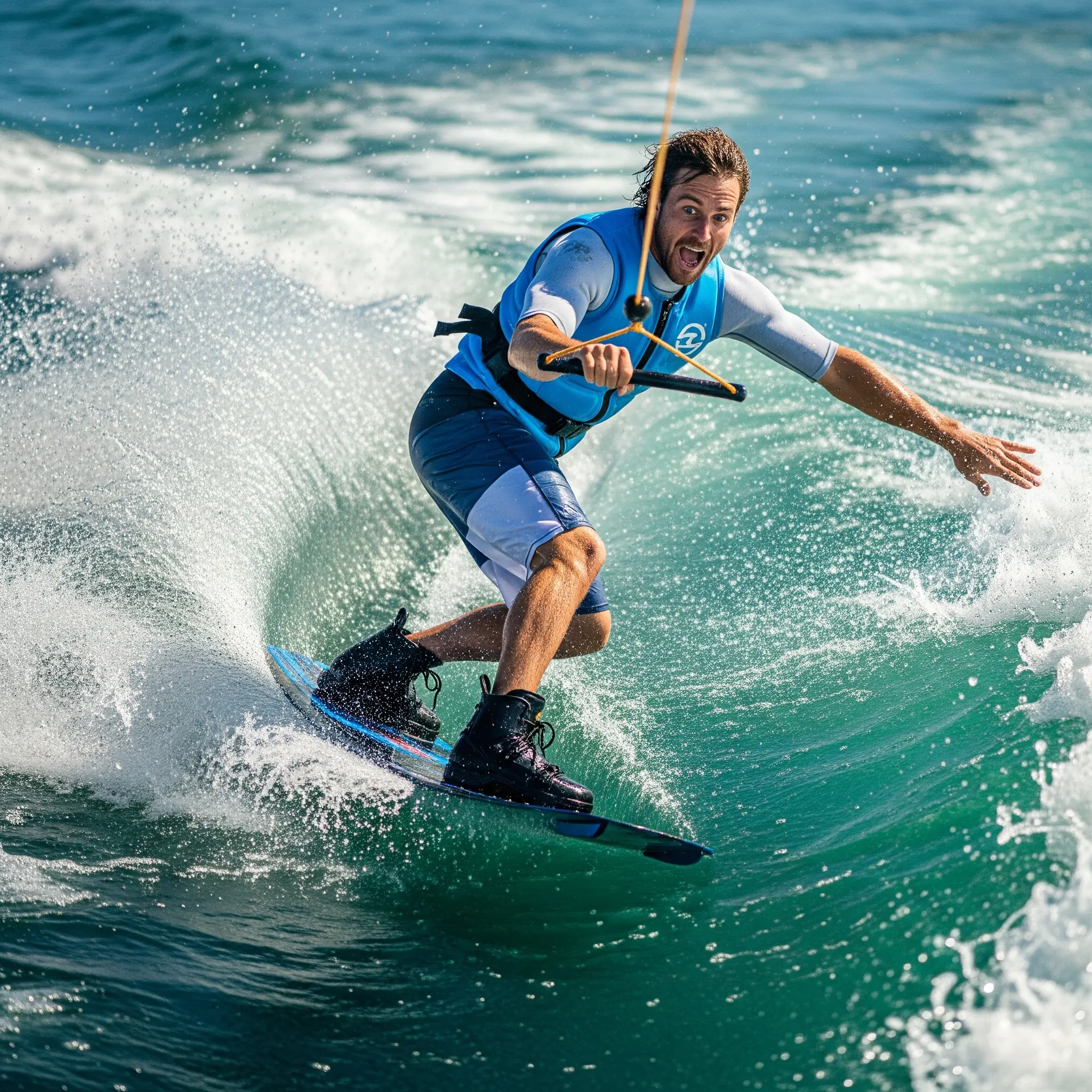 Man freeride wakeboarding with focus and excitement