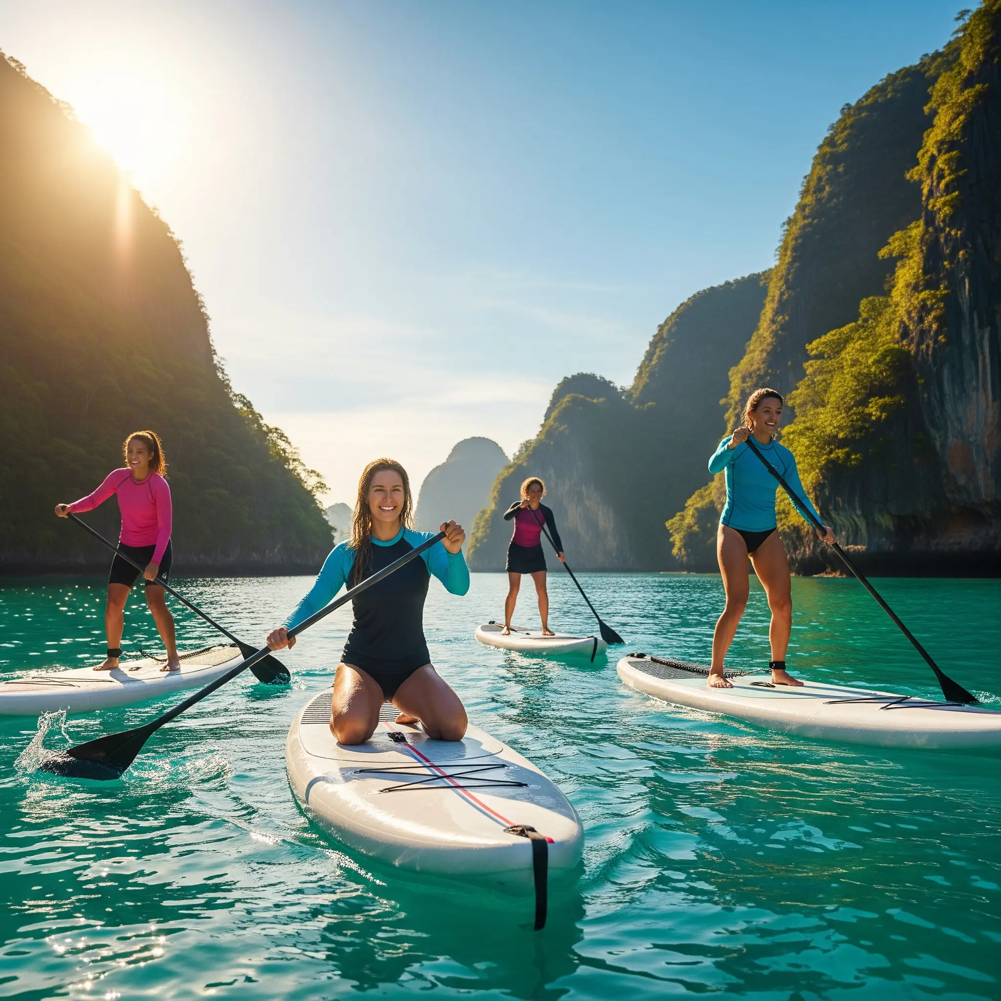 Gruppe, die mit Freude und Konzentration Stand-up-Paddling genießt