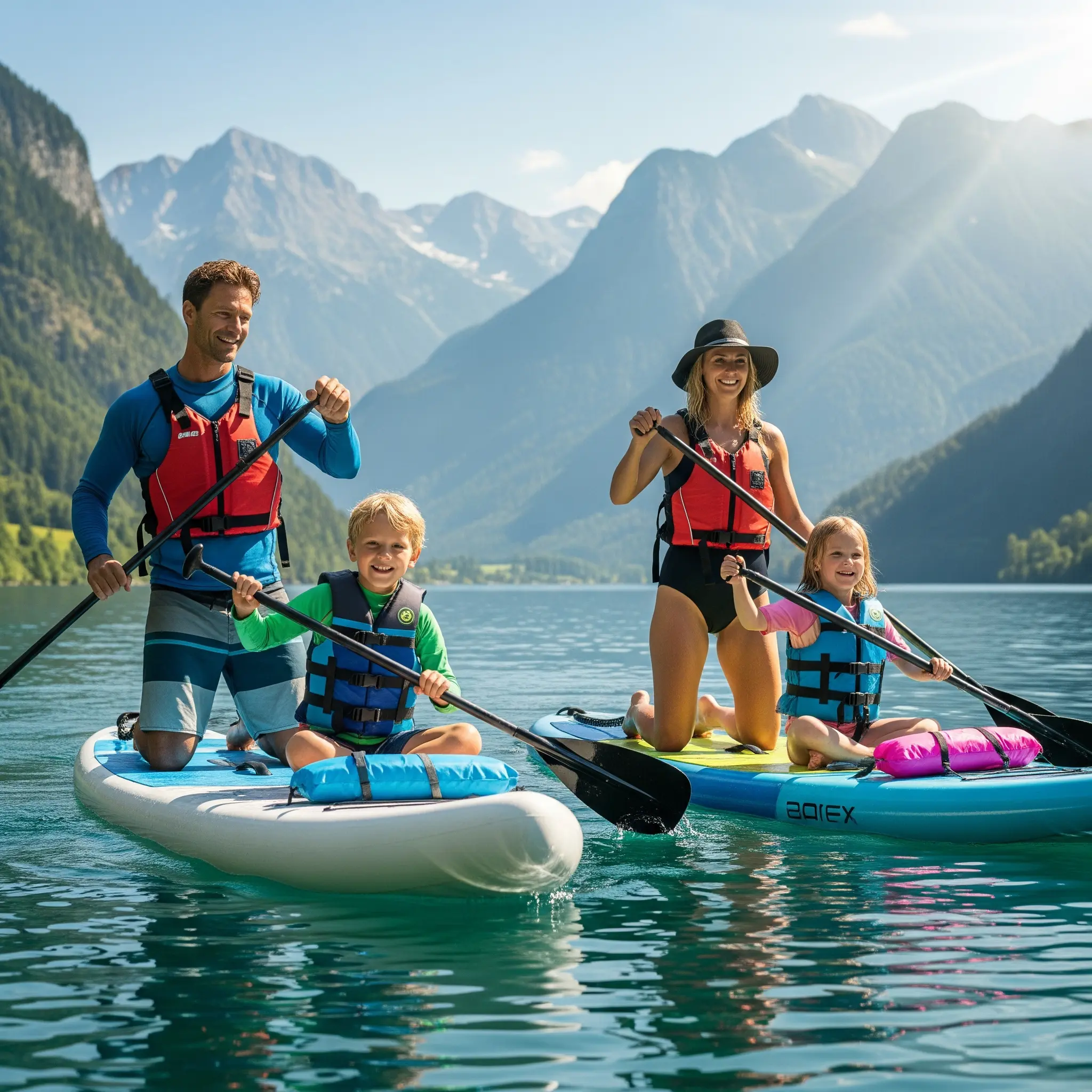 Familie genießt Stand-up-Paddling mit Freude und Konzentration
