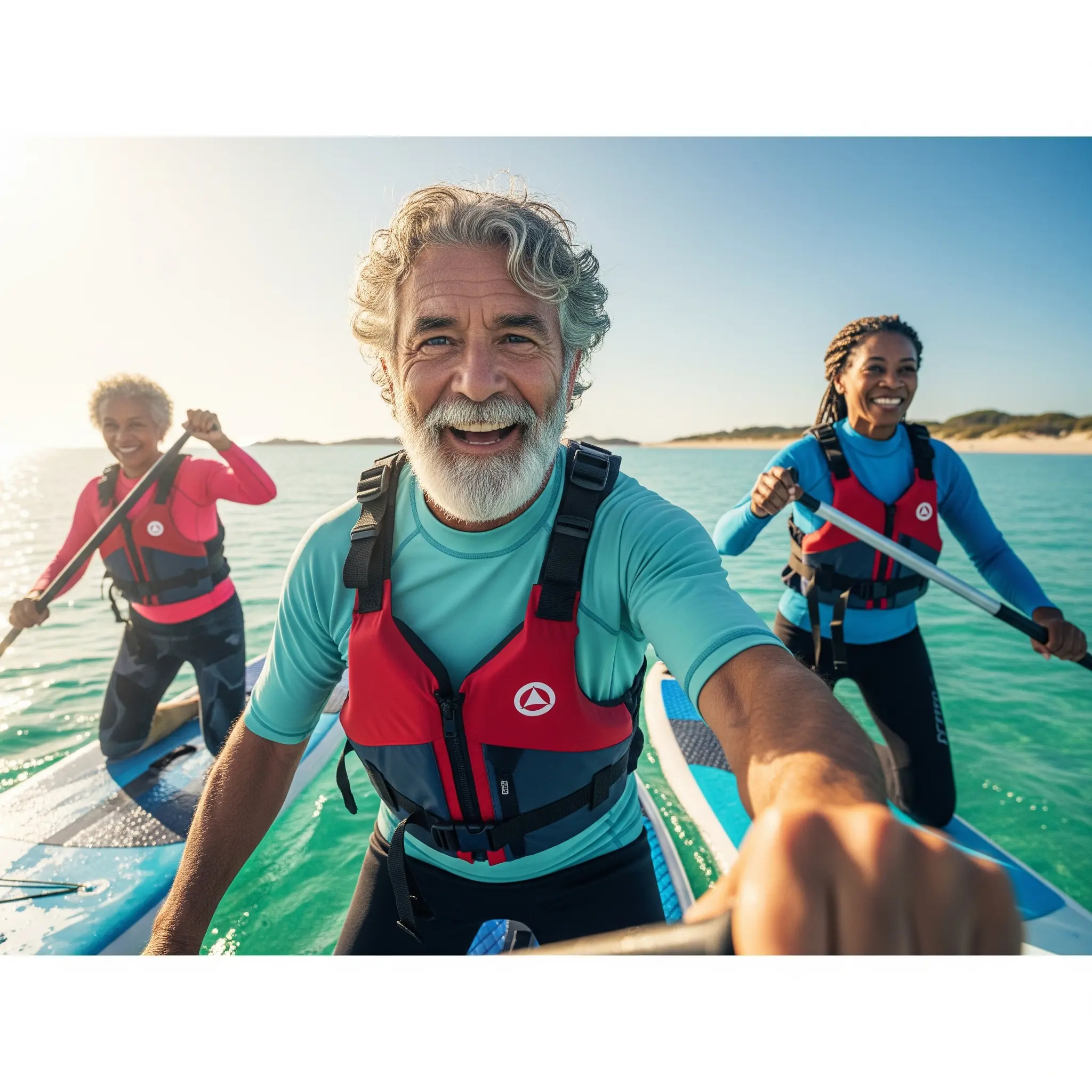 Senioren genießen Stand-up-Paddling mit Freude und Konzentration