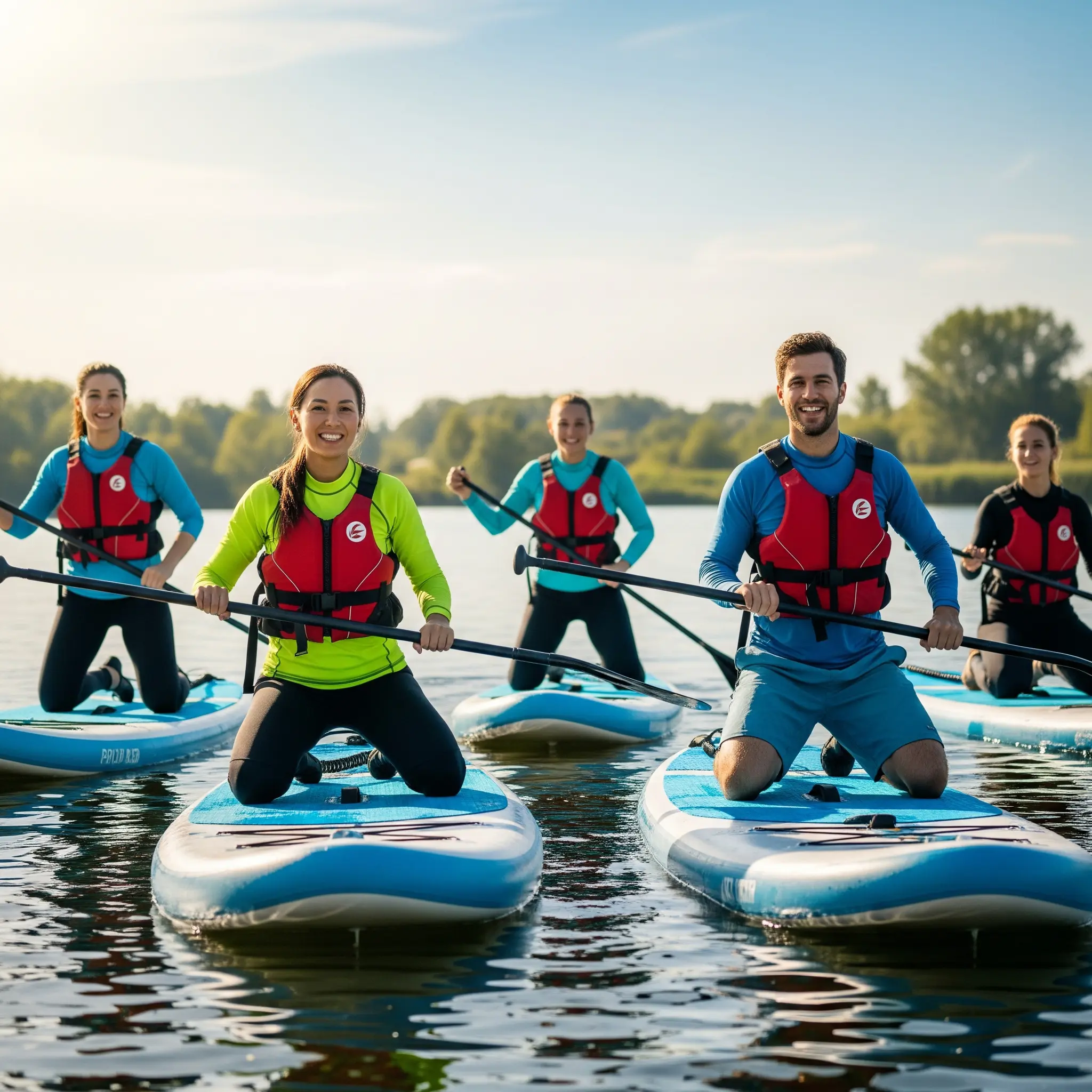 Anfänger in einem SUP-Kurs, die mit Spaß lernen