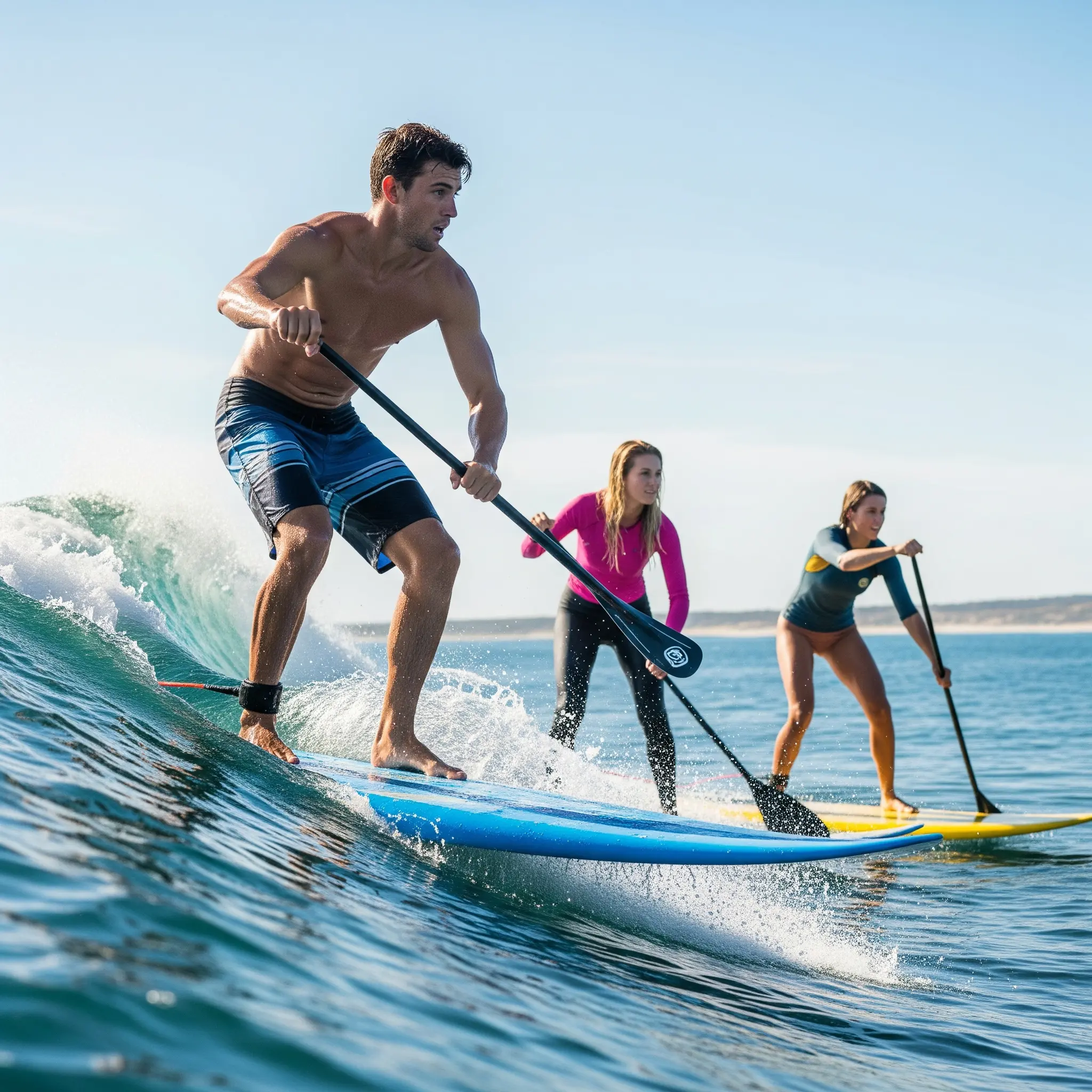 Menschen, die mit Begeisterung und Konzentration SUP-Surfen genießen
