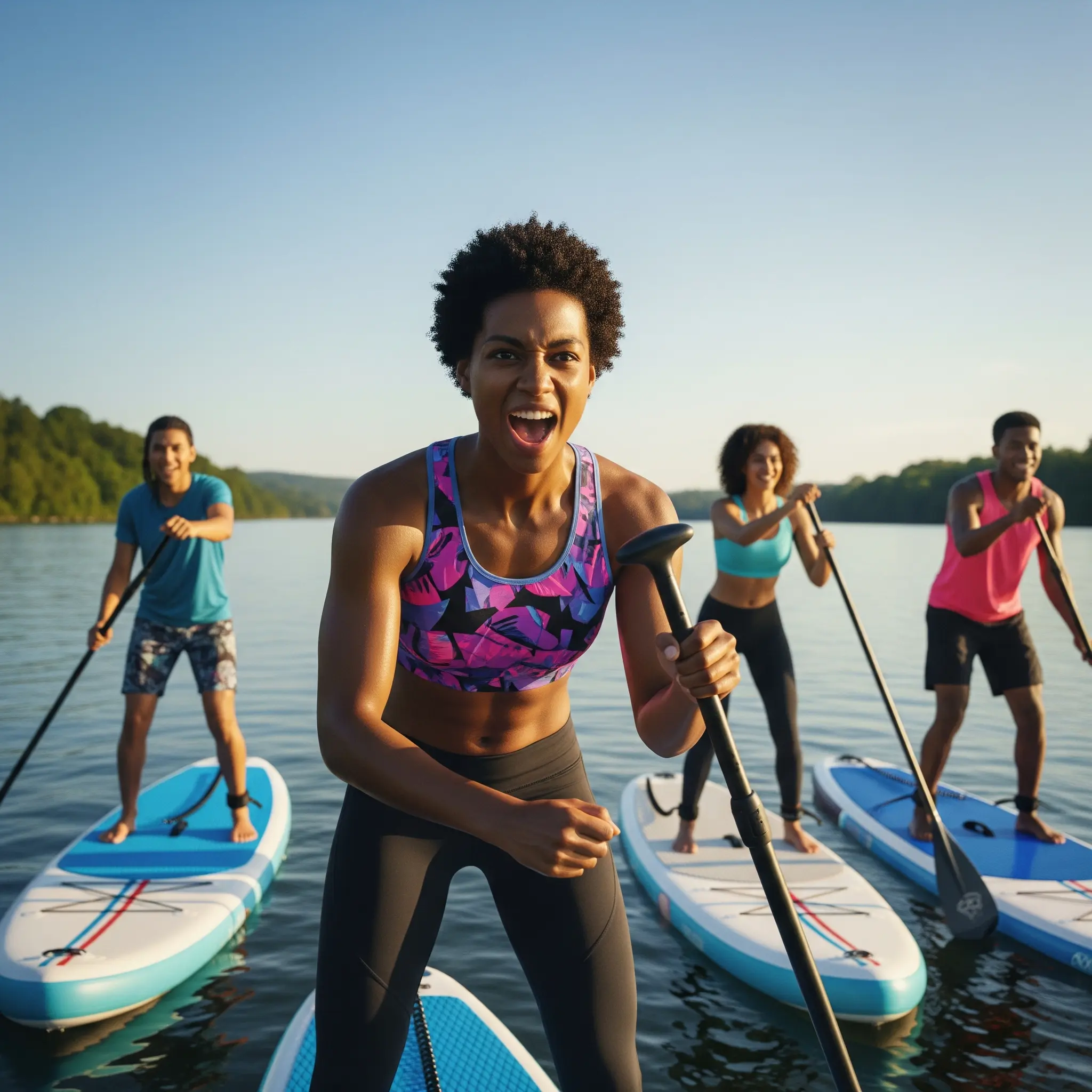 Advanced SUP practitioners in a class, focused and excited
