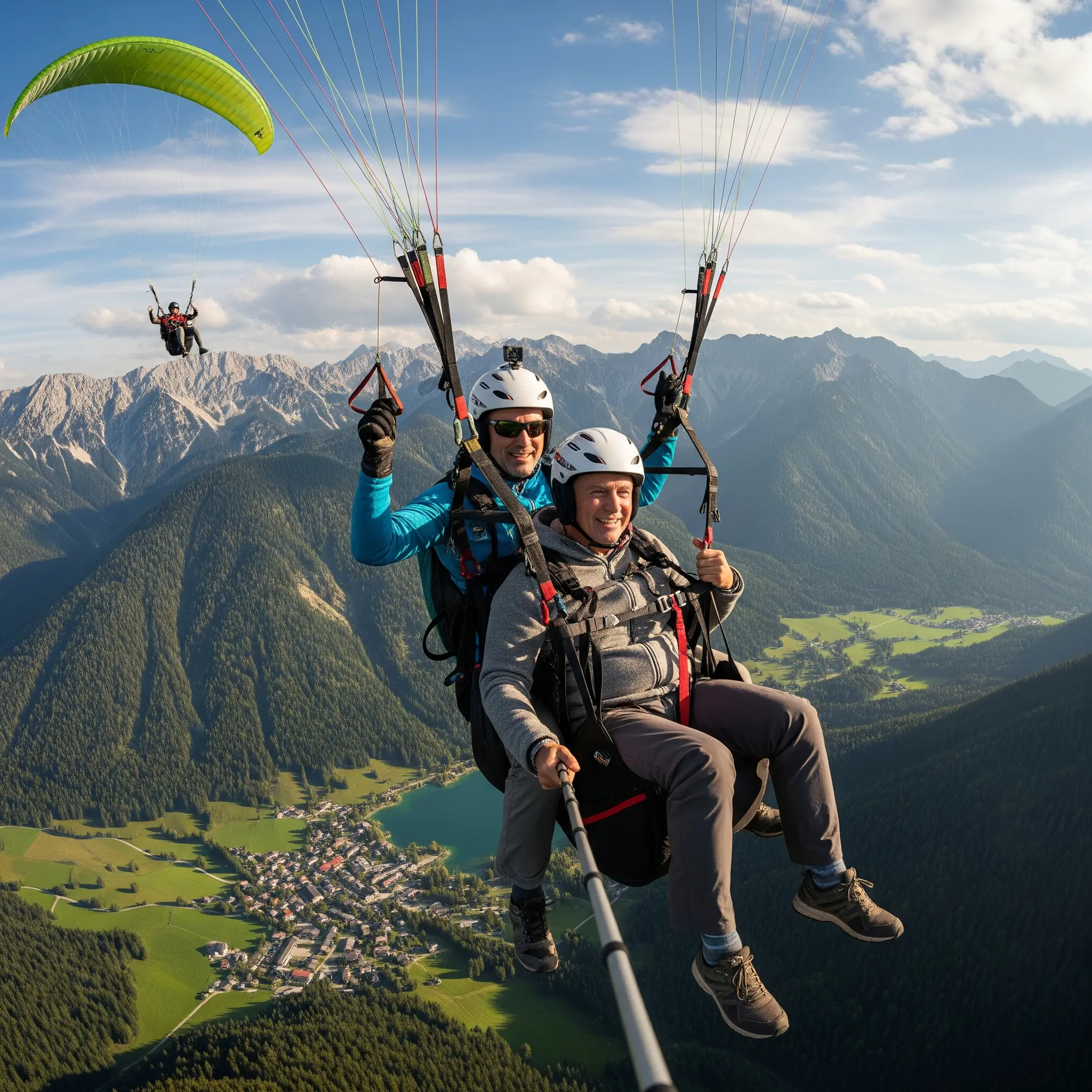 Seniors enjoying paragliding with joy and concentration