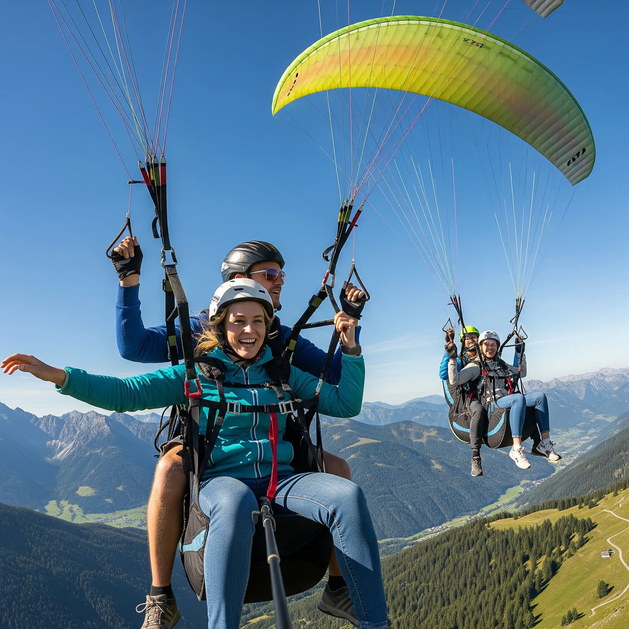 Couples enjoying paragliding with joy and concentration