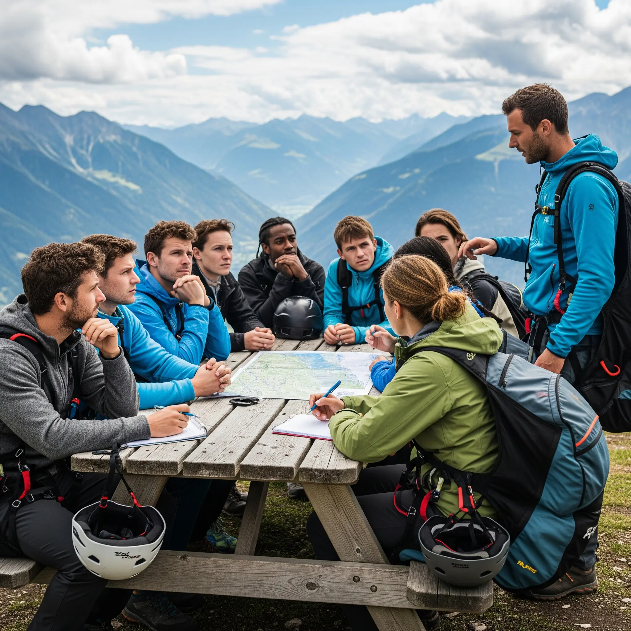 Beginners in a paragliding course, learning with concentration