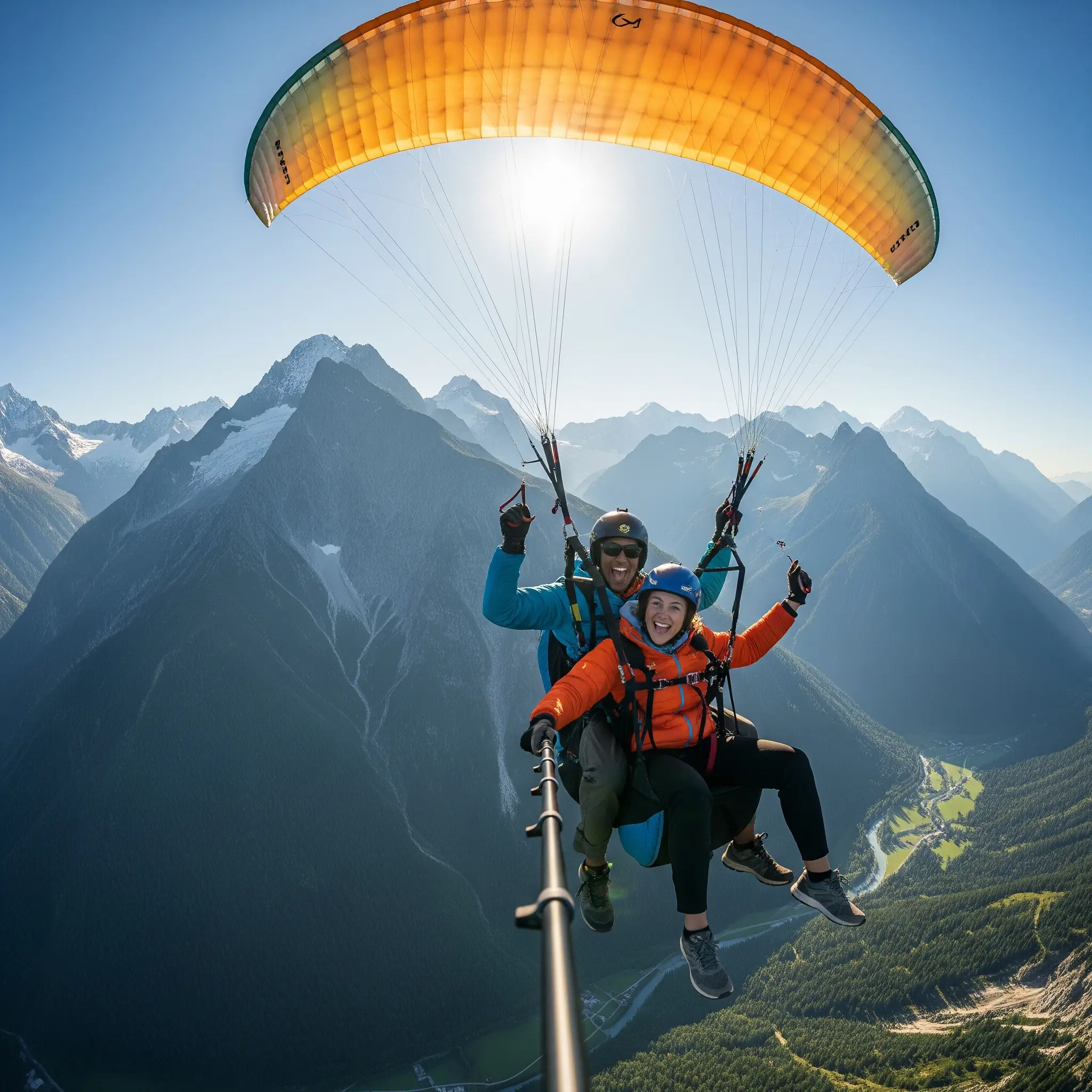 Tandem paragliding with joy and excitement