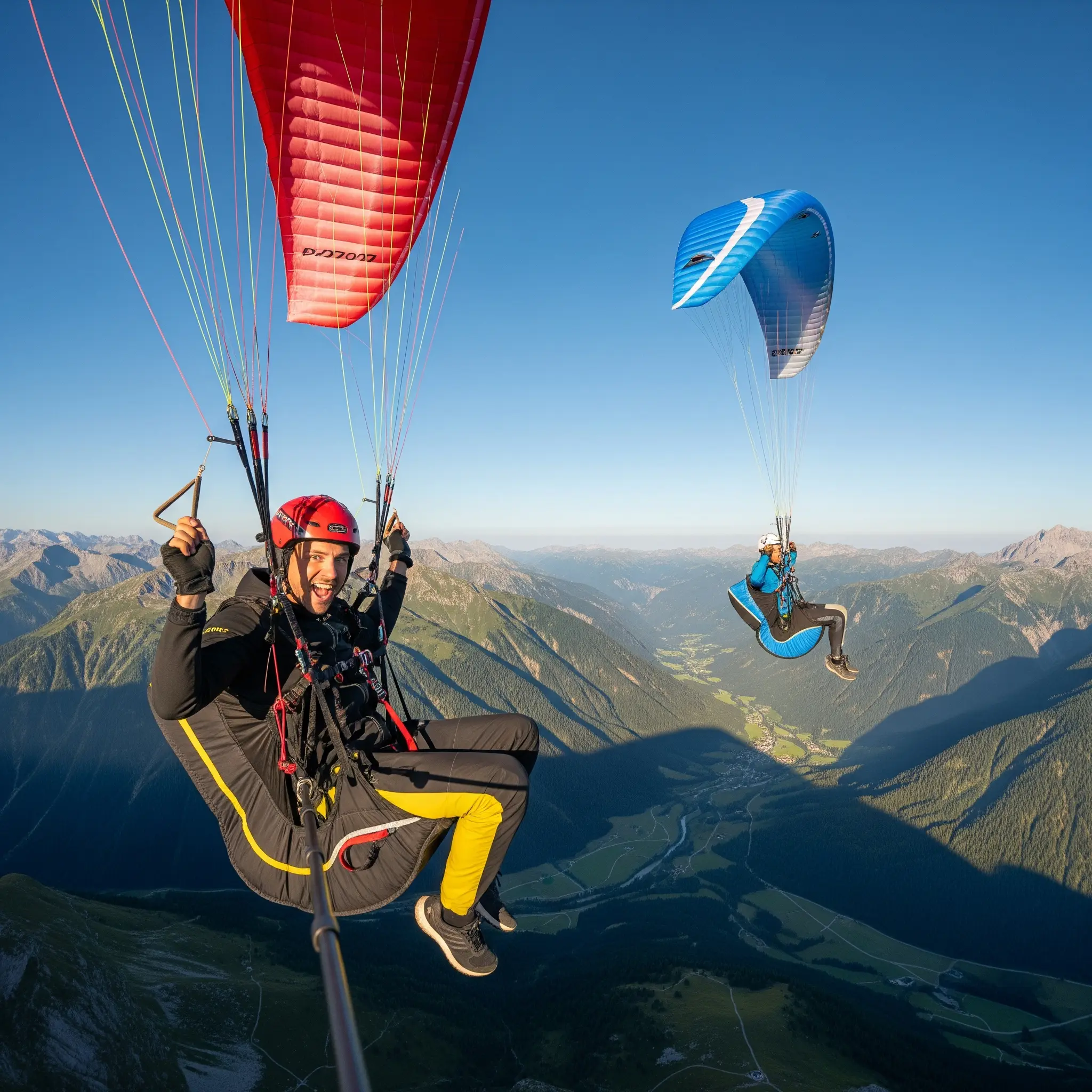 People performing acro paragliding with excitement and concentration
