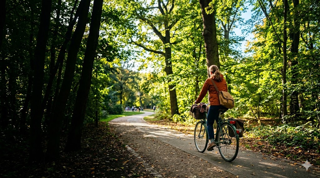 Radfahrerin auf einem klassischen Cityrad im sonnendurchfluteten Berliner Tiergarten – Stadtbike in Berlin mit Quipleon