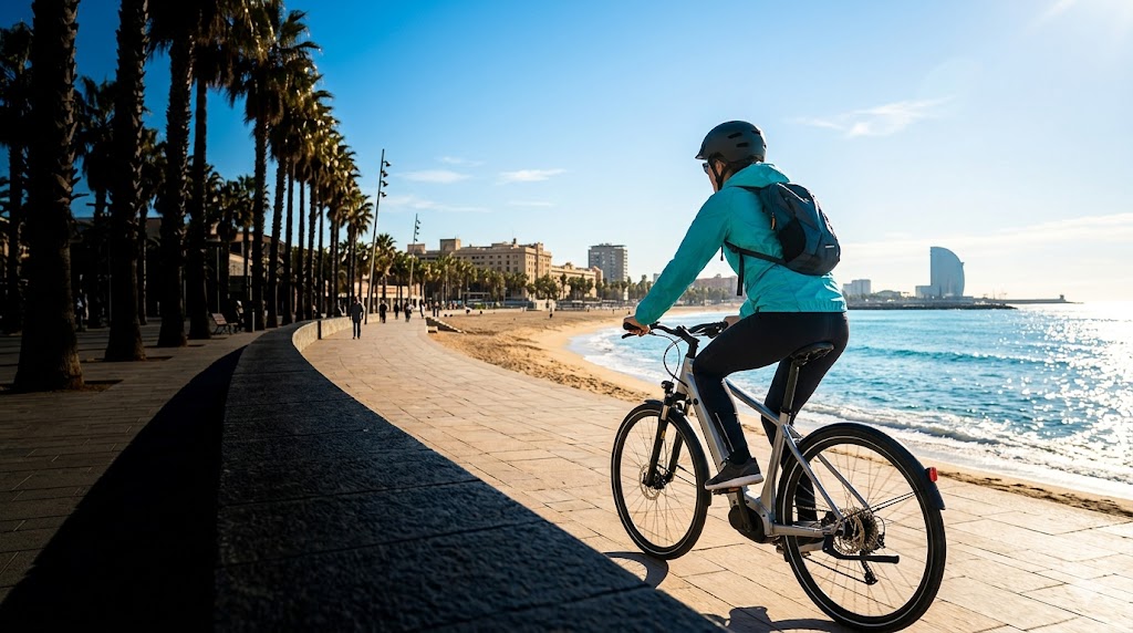 E-bike rider with helmet on Barcelona's sunny Mediterranean coastal promenade with palm trees and turquoise sea – E-Bike in Barcelona with Quipleon