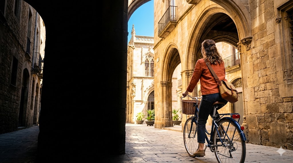 Radfahrer auf einem klassischen Cityrad im Gotischen Viertel Barcelona unter warmen Sandsteinarkaden – Stadtbike in Barcelona mit Quipleon