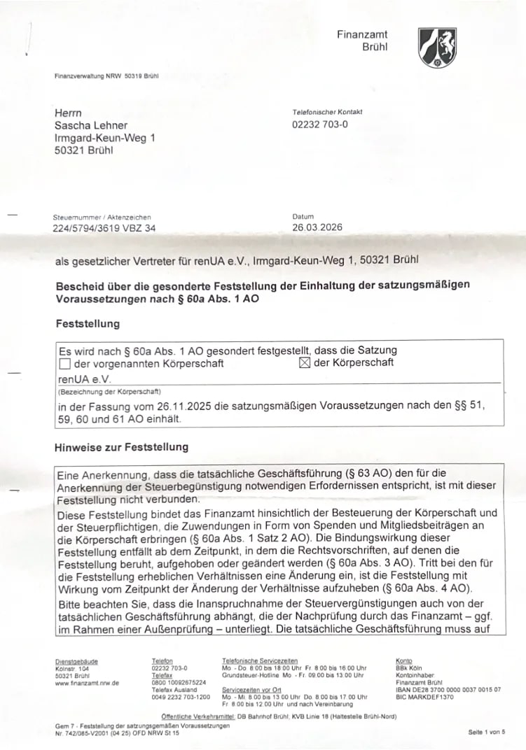 RenUA e.V. charity status confirmation document