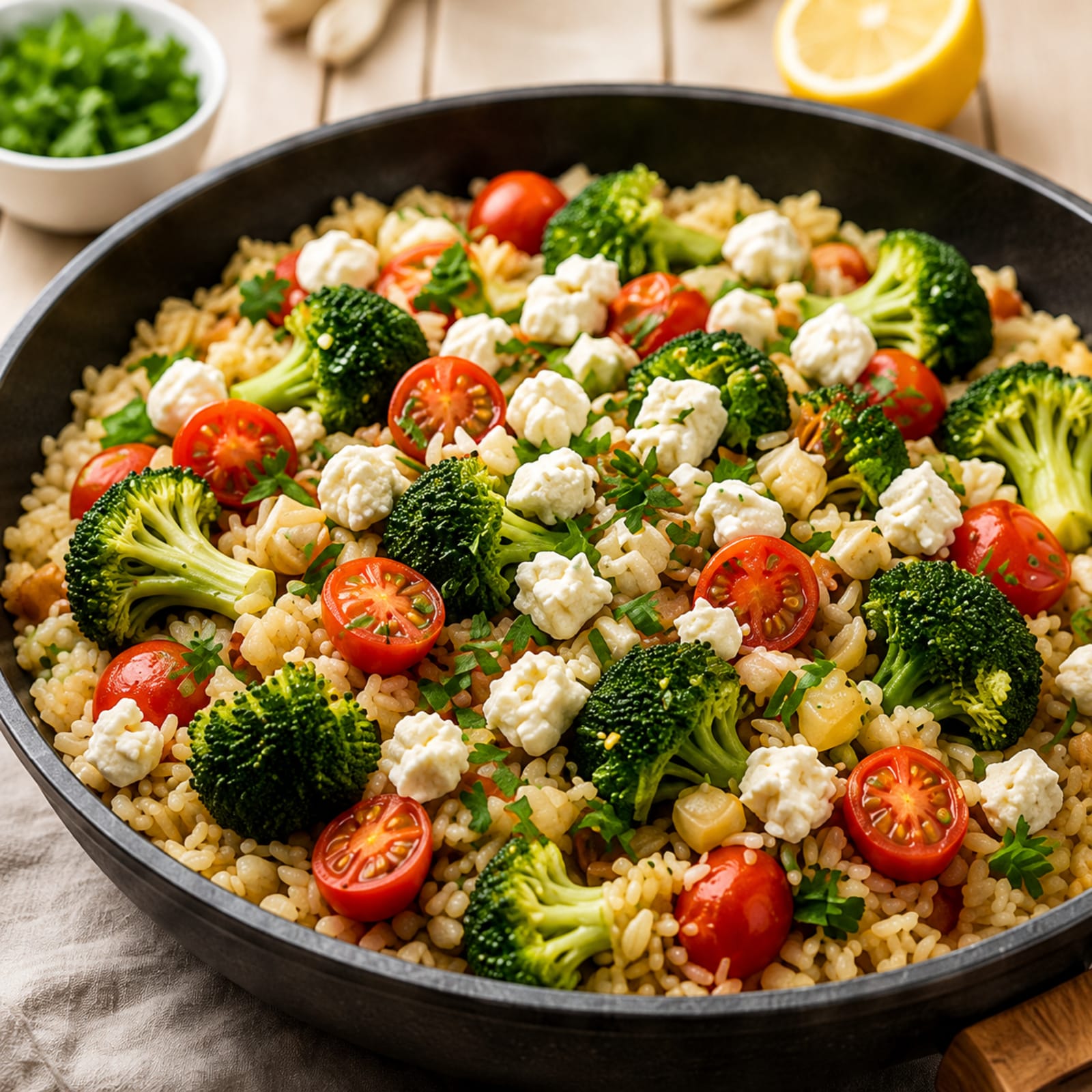 Brokkoli-Reis-Pfanne mit Tomate und Feta