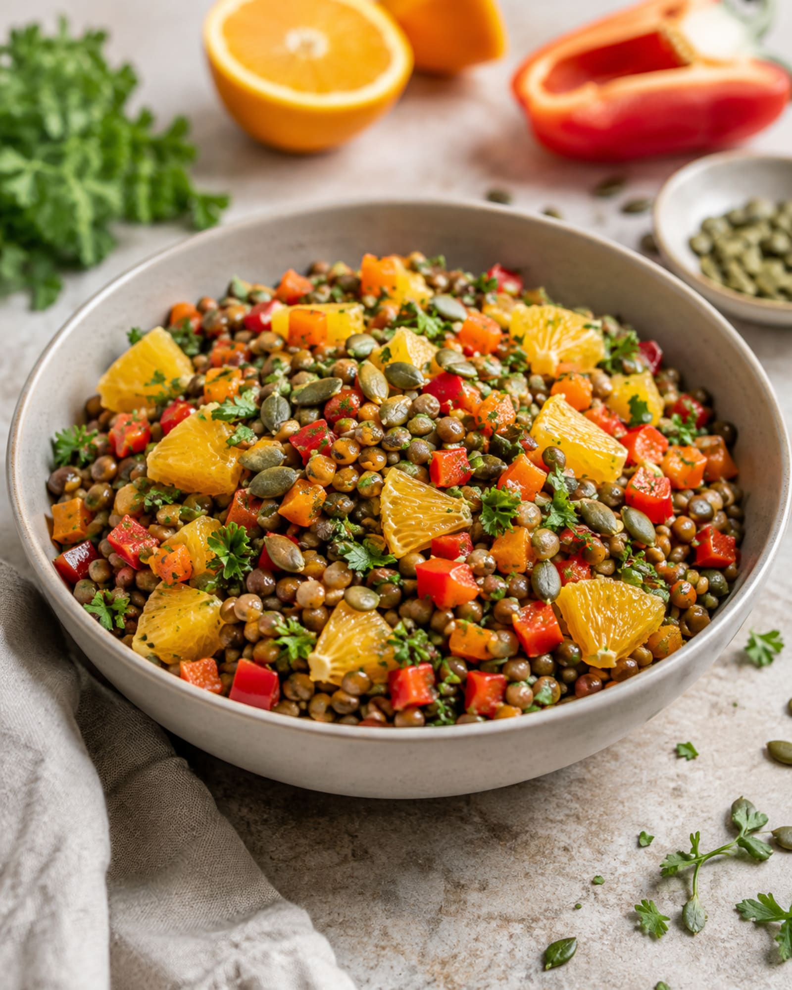 Power-Linsensalat mit Paprika, Orange, Petersilie & Kürbiskernen