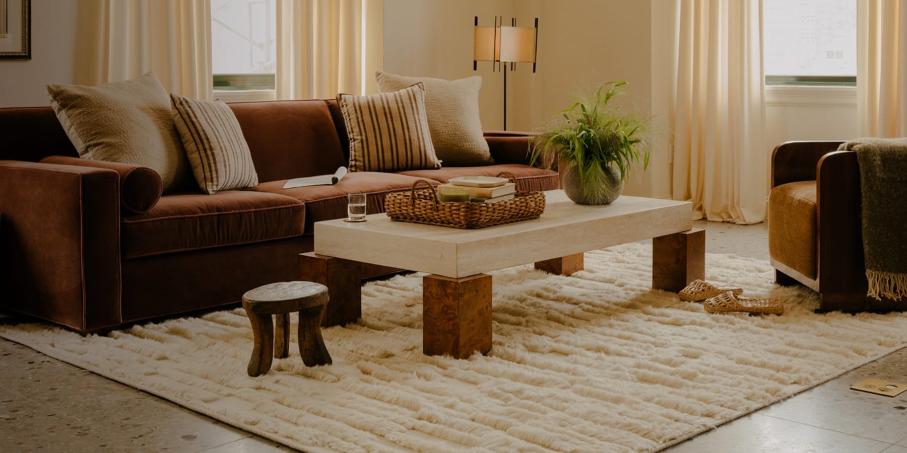 Living room styled with a custom Modern Geometry rug and structured furnishings
