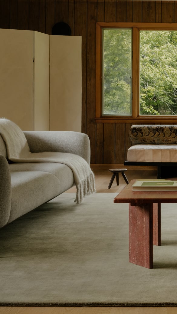 Living room with wood-panelled walls featuring a custom Earth Tones rug
