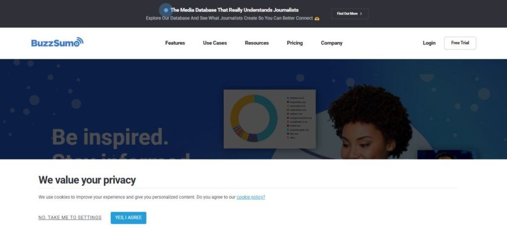 BuzzSumo homepage with privacy notice