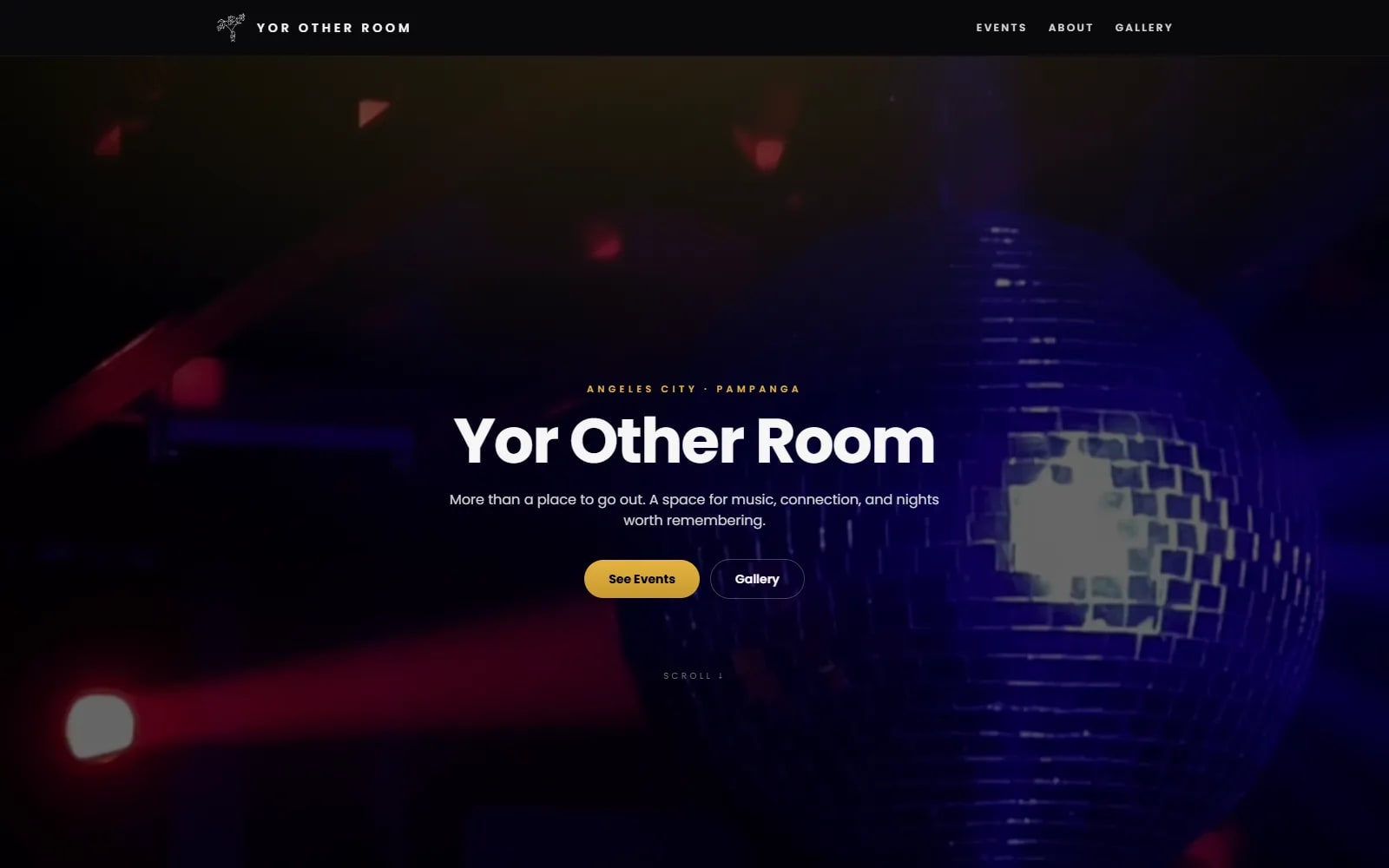 Yor Other Room website — homepage hero with the venue disco ball and See Events call to action