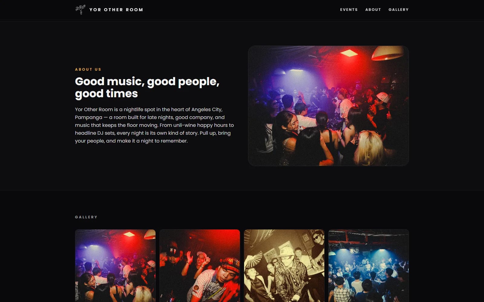 Yor Other Room website — About section with a venue photo and the start of the gallery