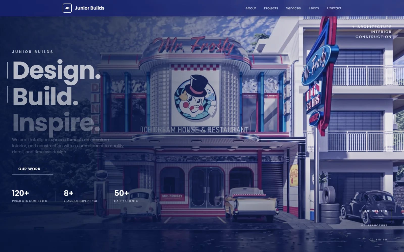Junior Builds website — cinematic hero frame featuring the Mr. Frosty project