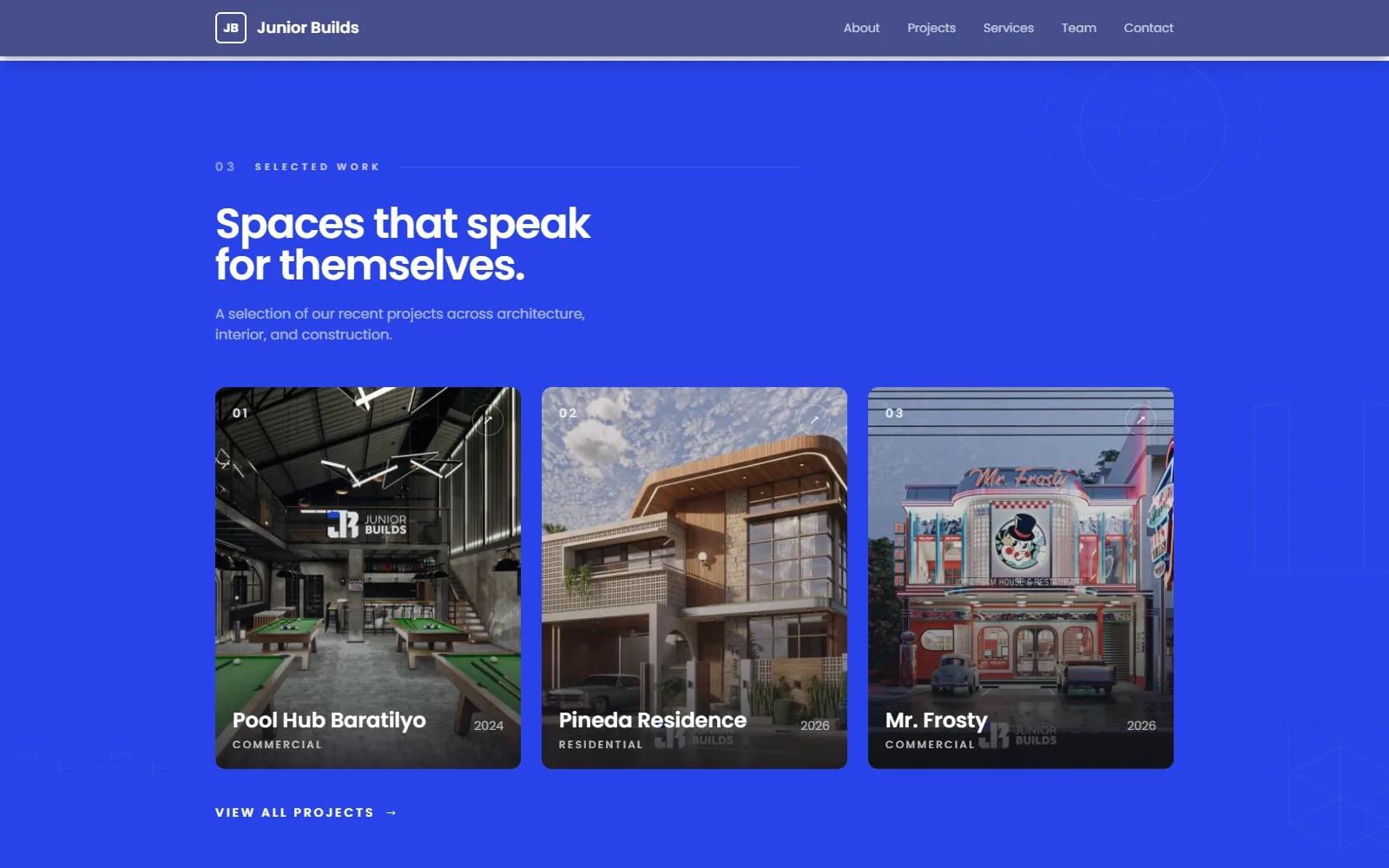 Junior Builds website — Selected Work project grid