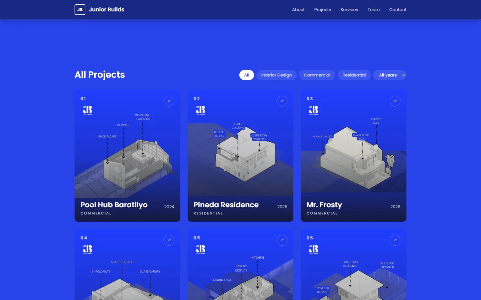 Junior Builds website — project portfolio with isometric blueprint cards