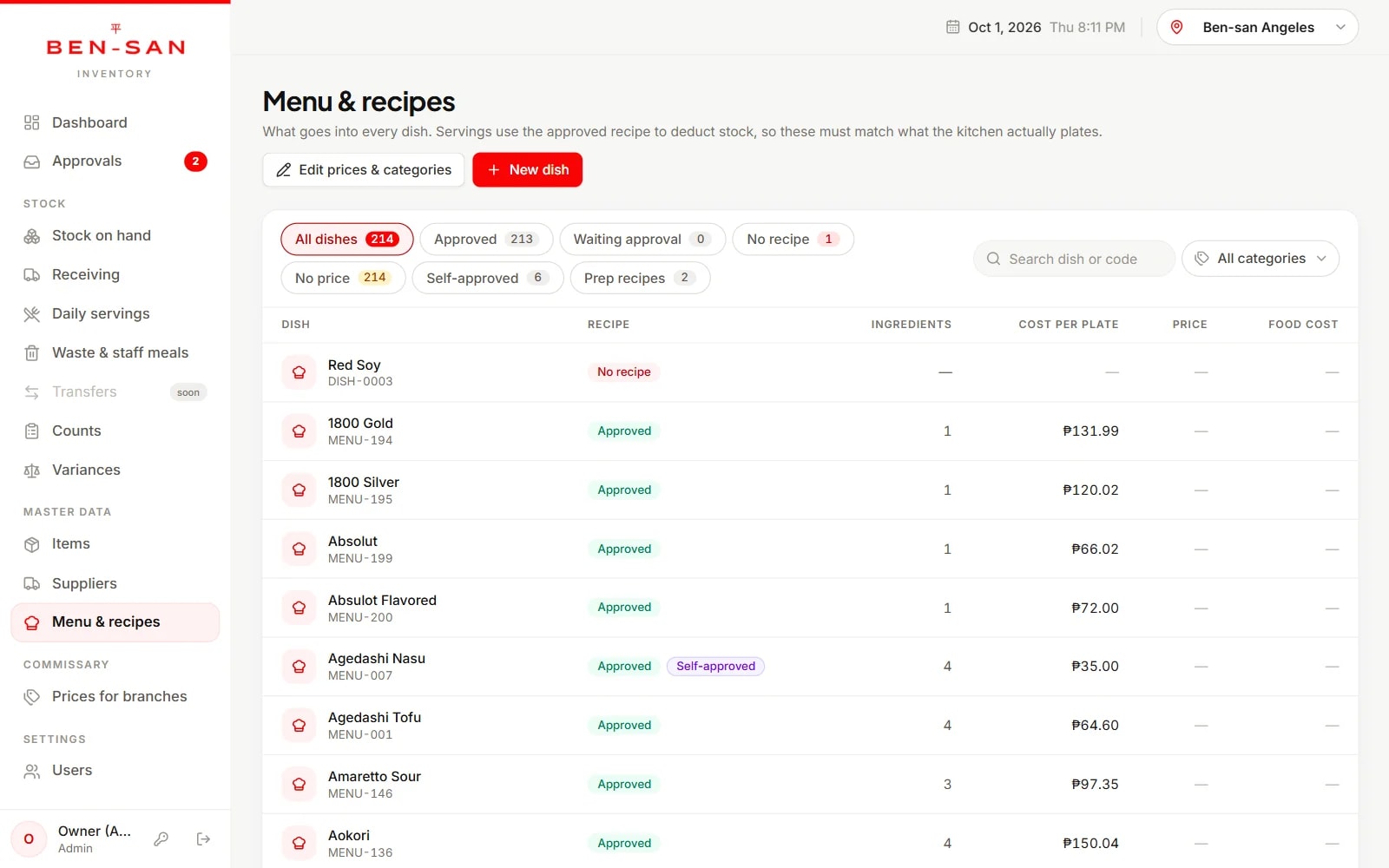 Bensan menu and recipes — every dish with its recipe status, ingredient count and cost per plate