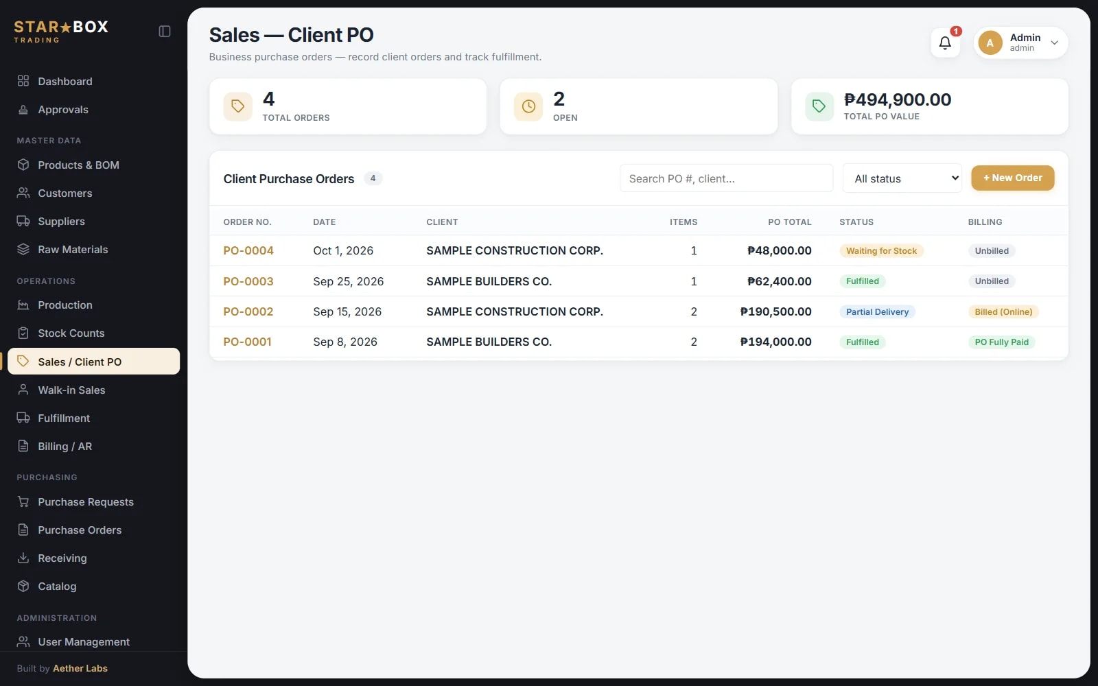 Starbox client purchase orders — order totals, fulfillment status and billing status per PO