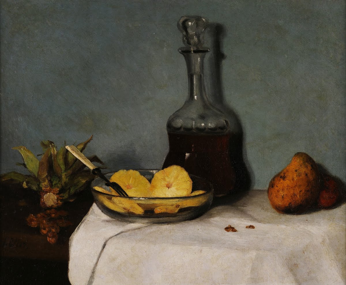 A still life painting featuring a bowl with pineapple slices, a mango to the right and in the back, a full bottle of home made wine.