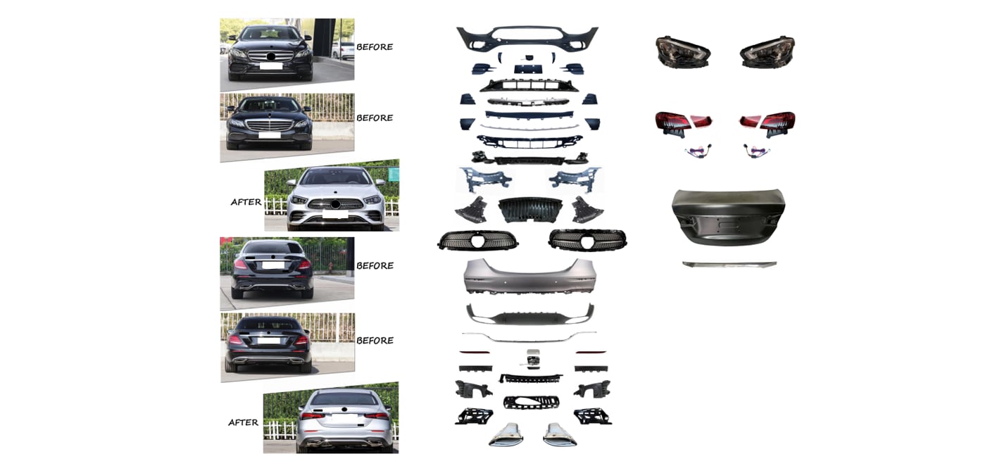 Mercedes E Serisi W213 AMG 2017- Komple Gövde Kiti [2016-19 DONUSUM => 2020-...] Park Sensörü: Ön ve Arka, Çift Egzoz Çıkışlı (Tek+Tek) Egzoz Uçlu, Bagaj Kap., Far/Stop