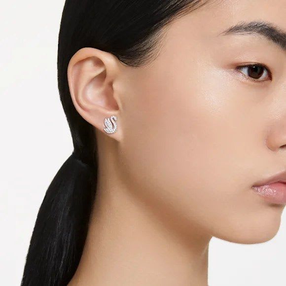 Swarovski Swan Stud Earrings (Swan, White, Rhodium Plated) - image 1
