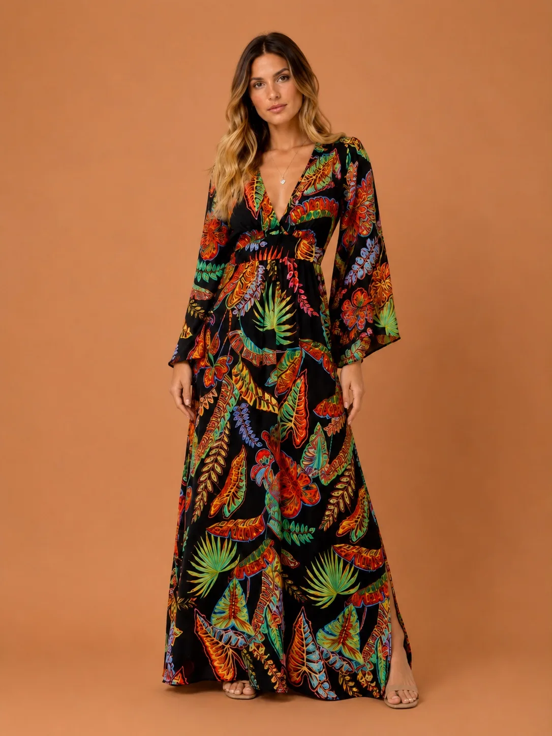 Vestido longo folhagem