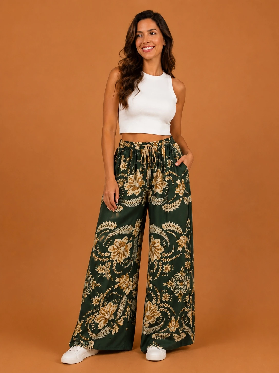 Calça pantalona flor de coqueiro