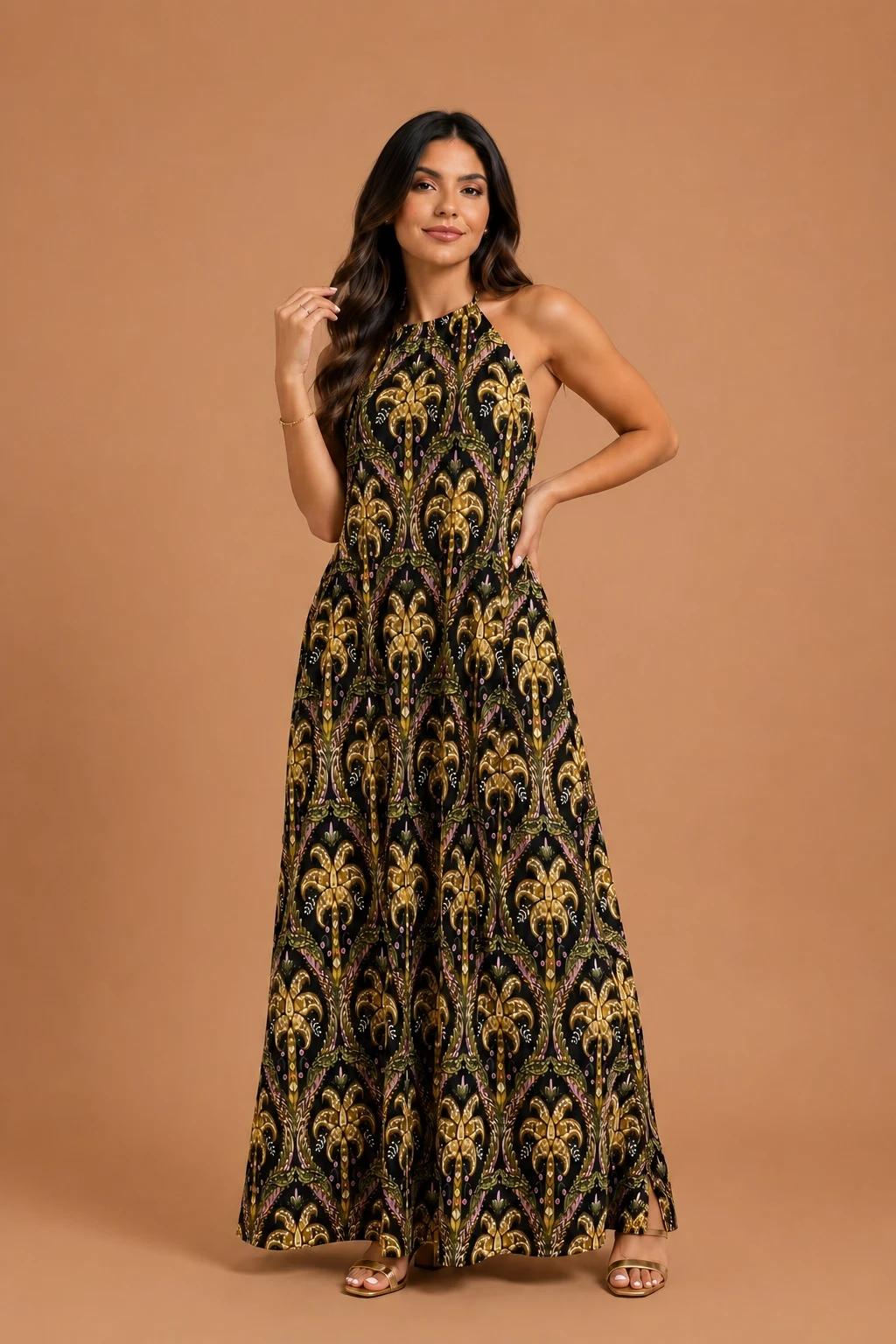 Vestido plissado camafeu