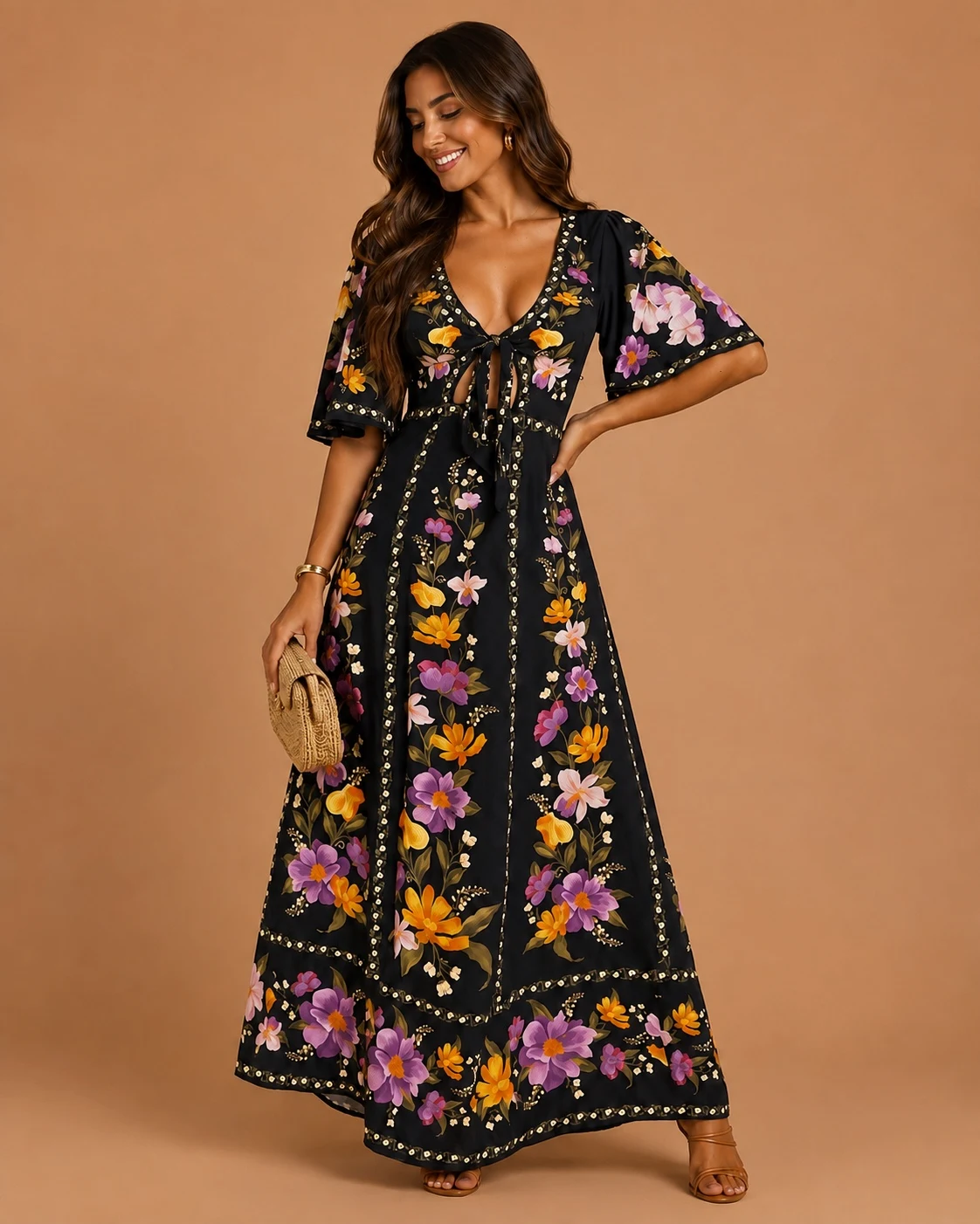 Vestido longo borboleta em flor