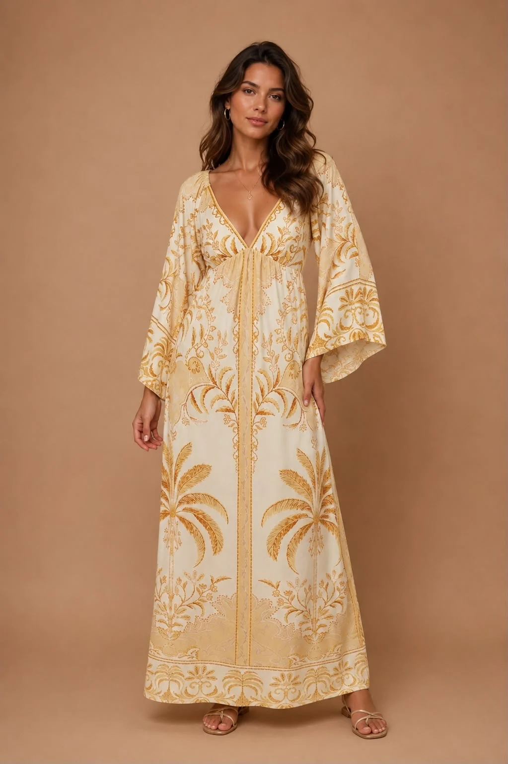 Vestido manga paisagem tropical