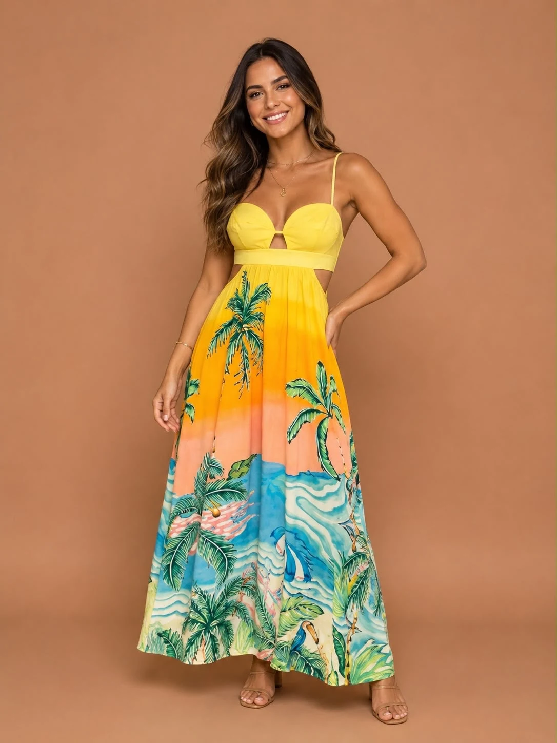 Vestido longo paisagem solar