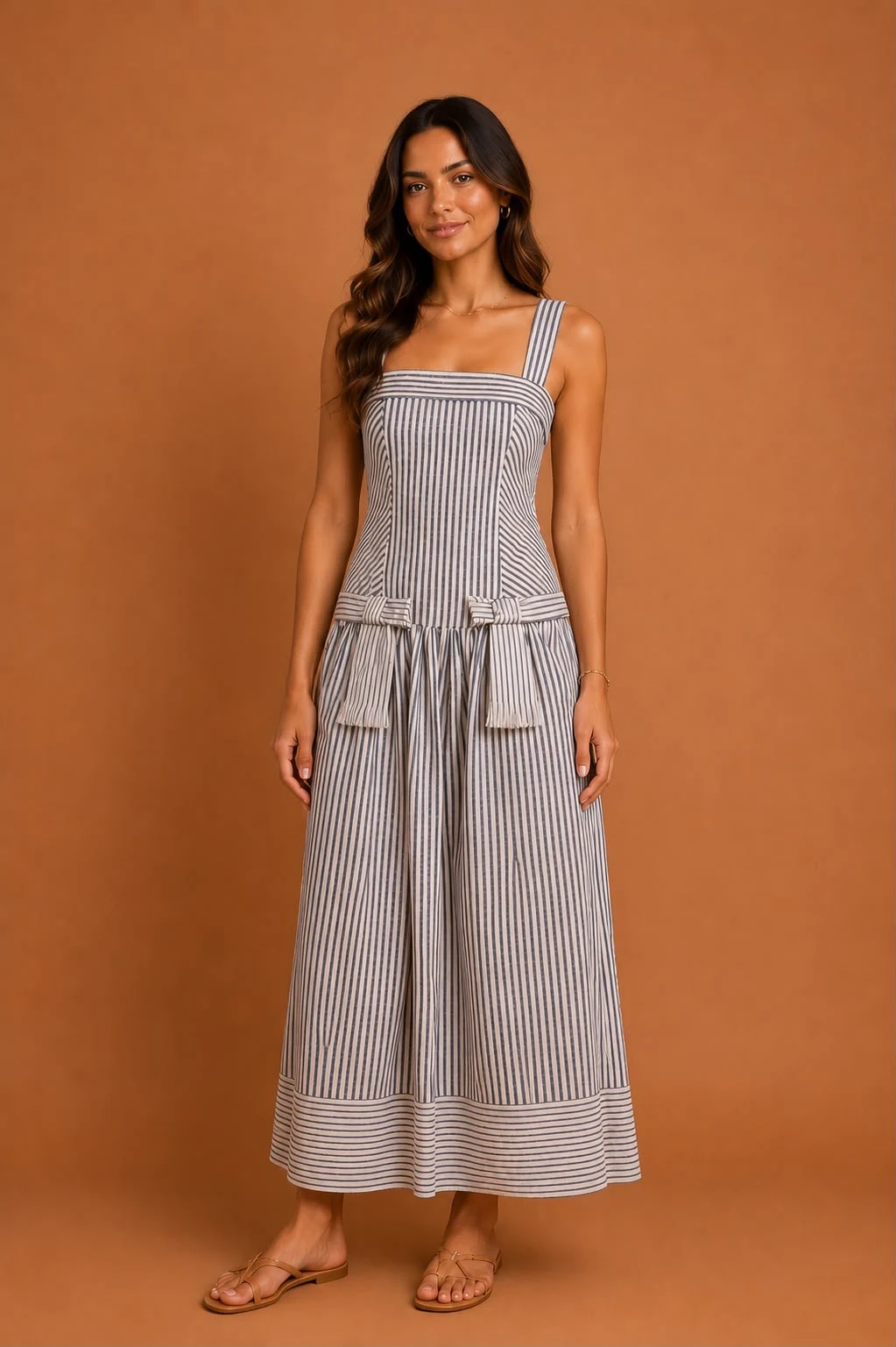 Vestido cropped listra palmas laço